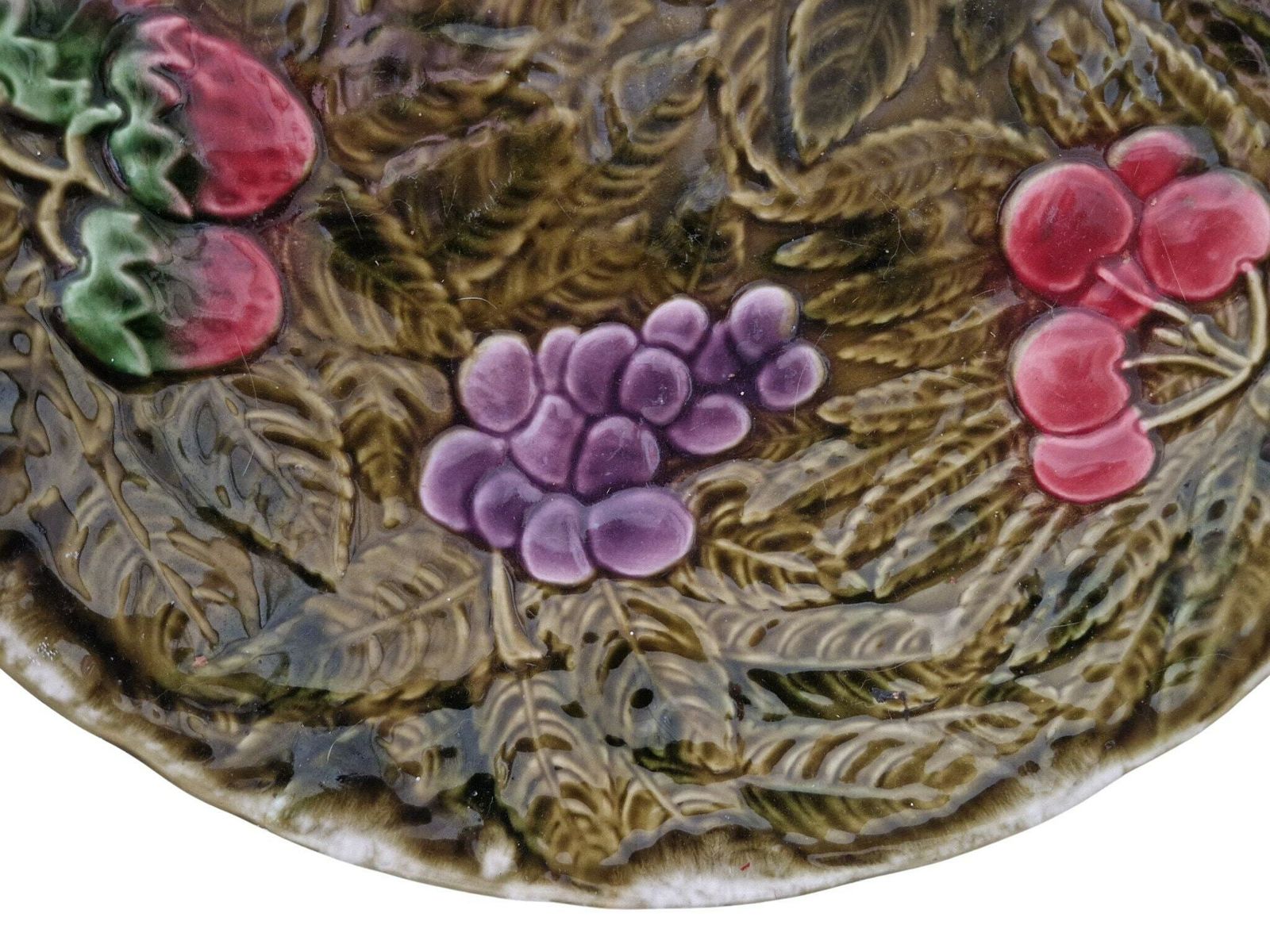 Large Majolica Fruit Centerpiece Bowl By Sarreguemines, French Barbotine Serving Dish Platter photo buy