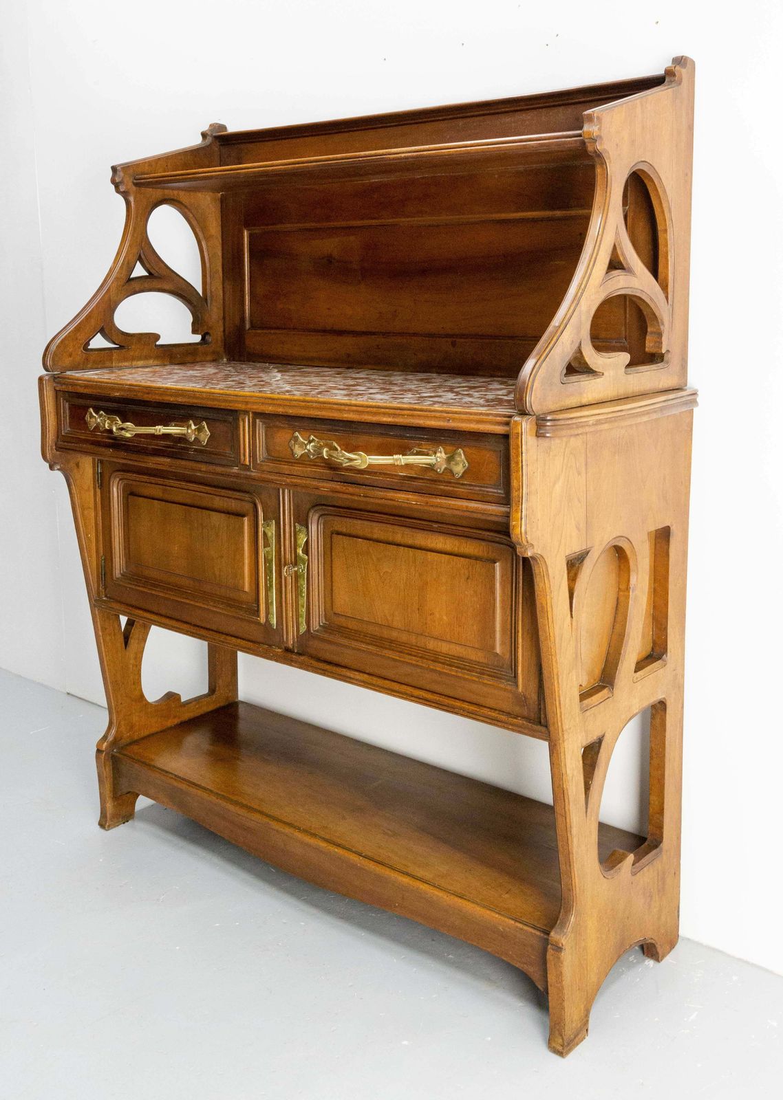 Art Nouveau Walnut, Marbre & Brass Console Or Little Buffet, French, Circa 1910 photo vinterior