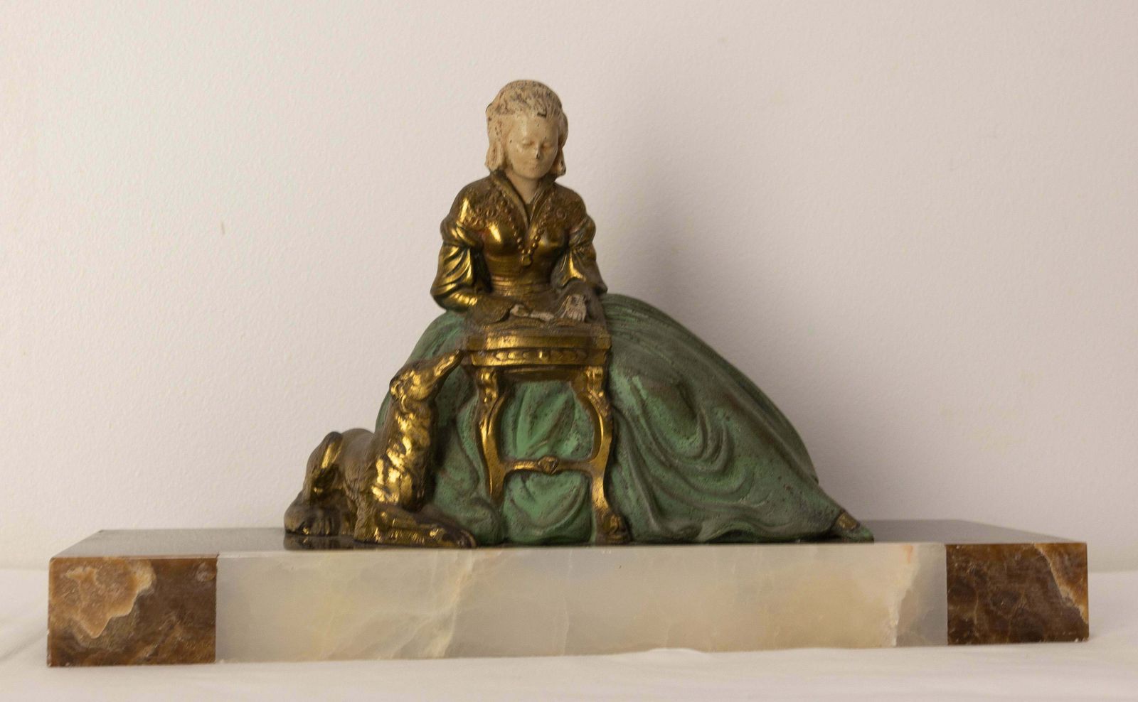French Art Deco Onyx & Polychrome Spelter Reading Woman With Dog, Circa 1930 photo for sale