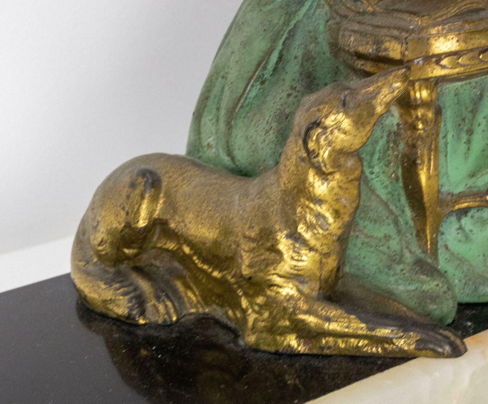 French Art Deco Onyx & Polychrome Spelter Reading Woman With Dog, Circa 1930 photo vintage
