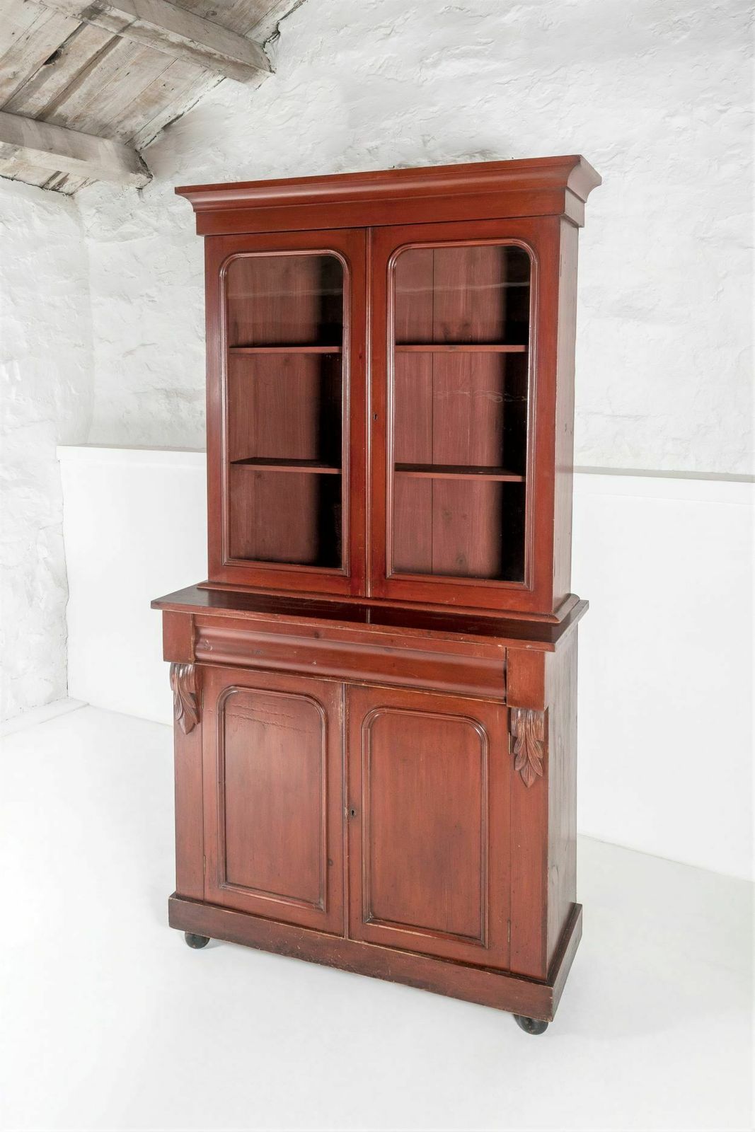 Tall Victorian Dresser Unit Bookcase With Original Glazing And Red Brown Lacquer