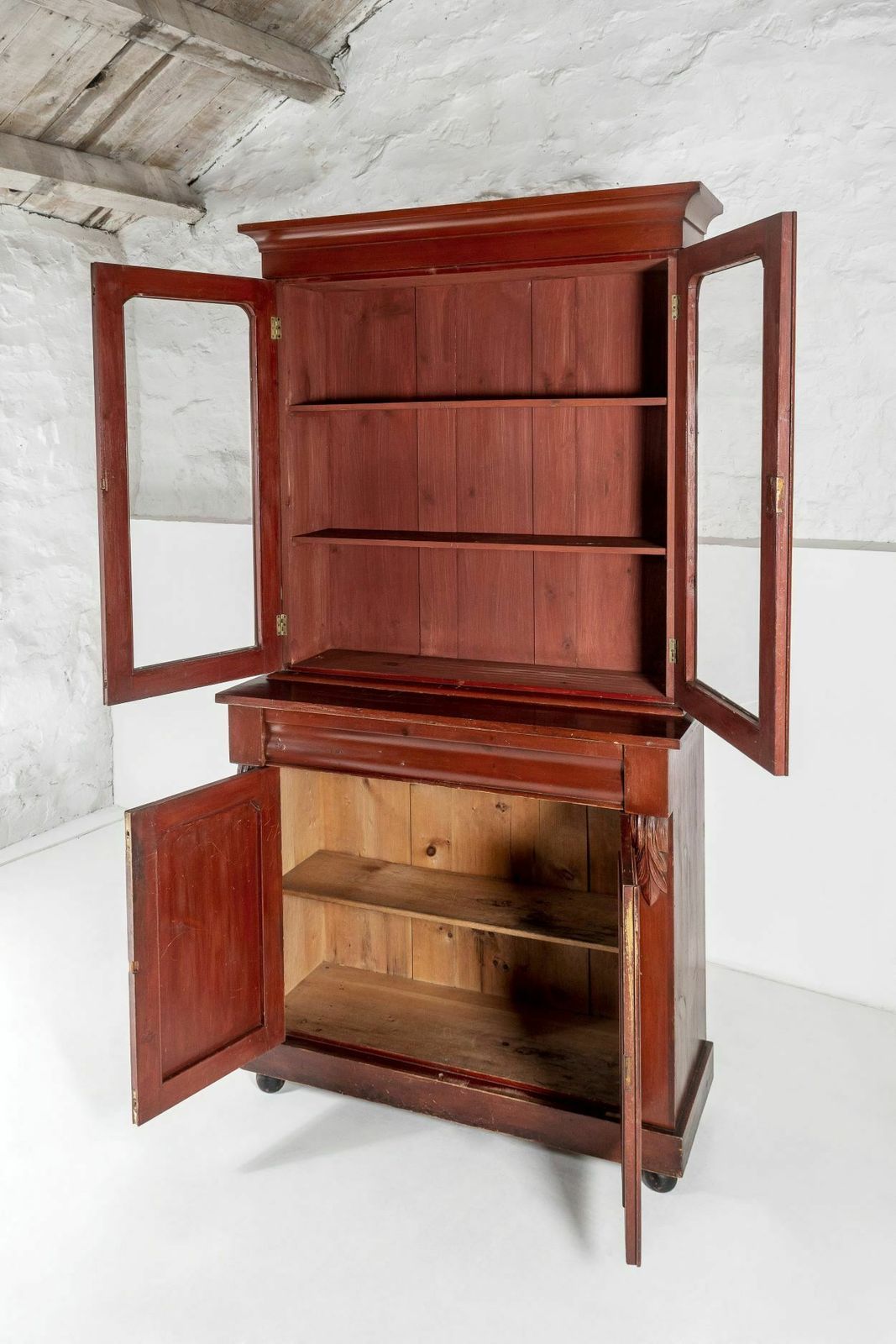 Furniture Tall Victorian Dresser Unit Bookcase With Original Glazing And Red Brown Lacquer photo