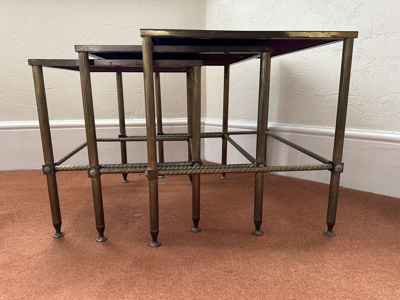Set Of Three Nesting Mid Century Marble Top, Decorative Brass Legged Tables photo furniture