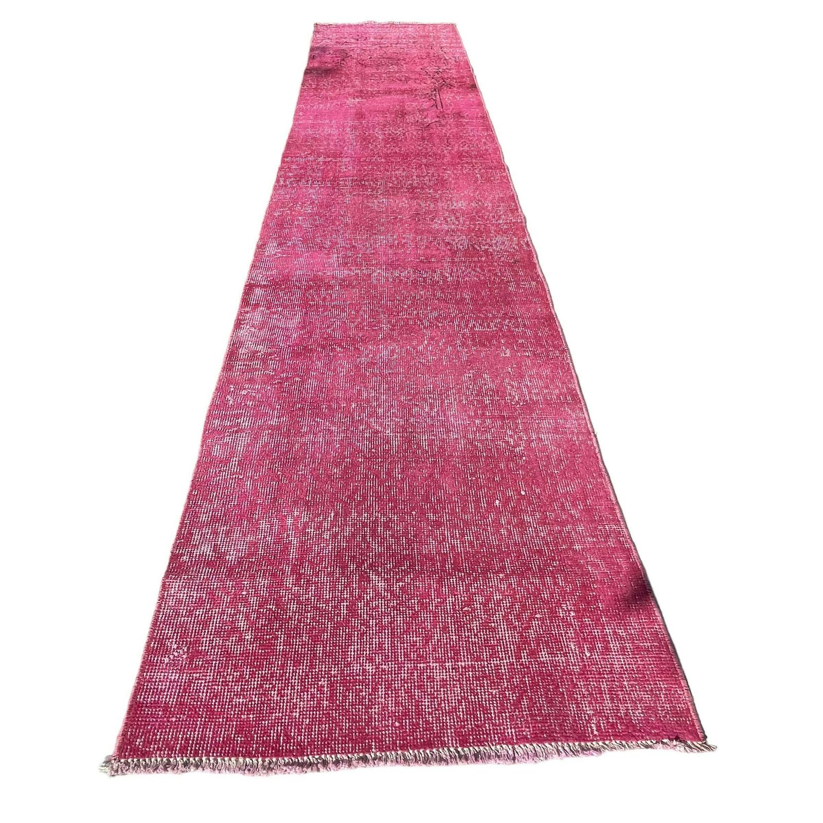 Distressed Turkish Narrow Runner Wool Vintage Rug, Over Dyed Pink 330 X 70 Cm