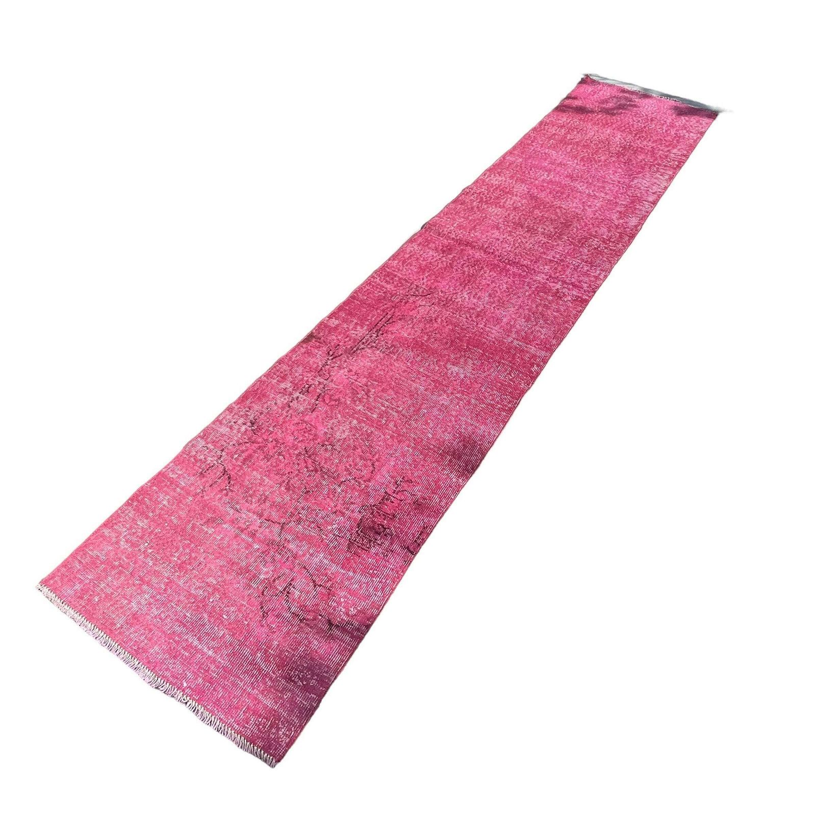 Distressed Turkish Narrow Runner Wool Vintage Rug, Over Dyed Pink 330 X 70 Cm photo vintage