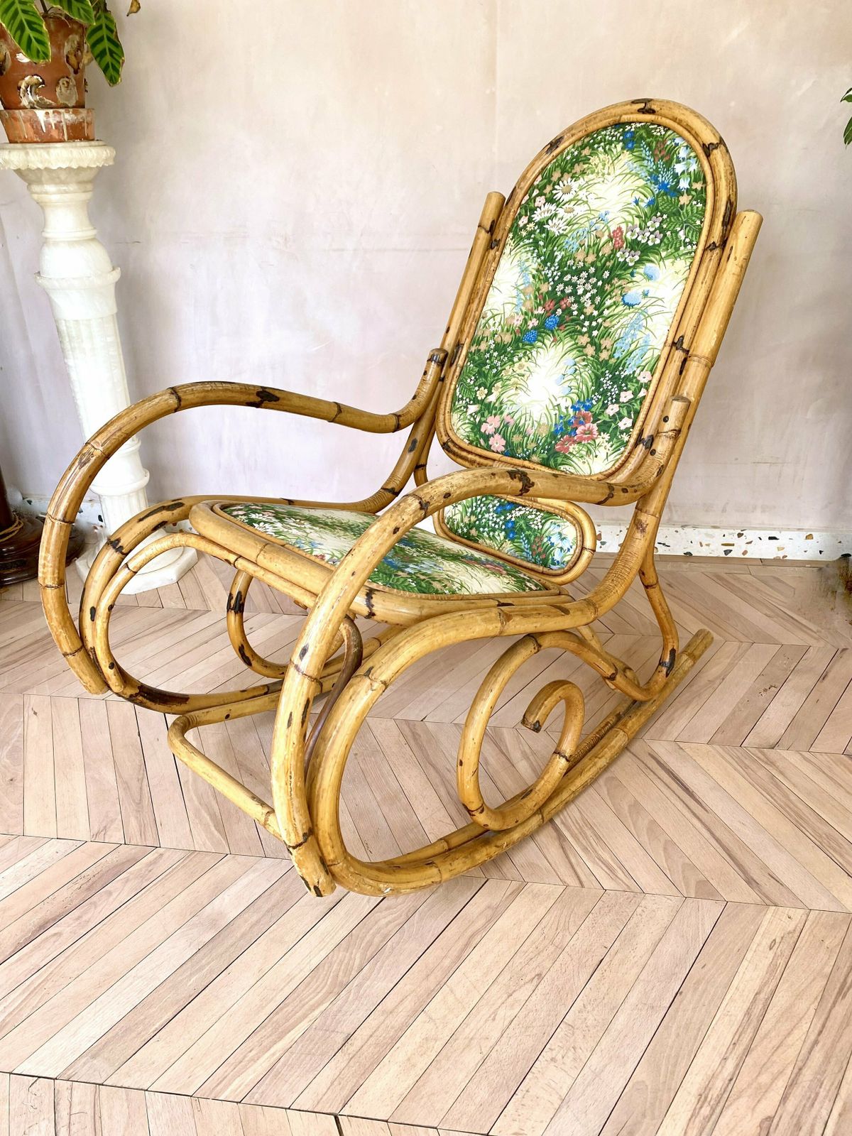 Mid Century Bamboo & Floral Print Upholstered Rocking Chair photo for sale