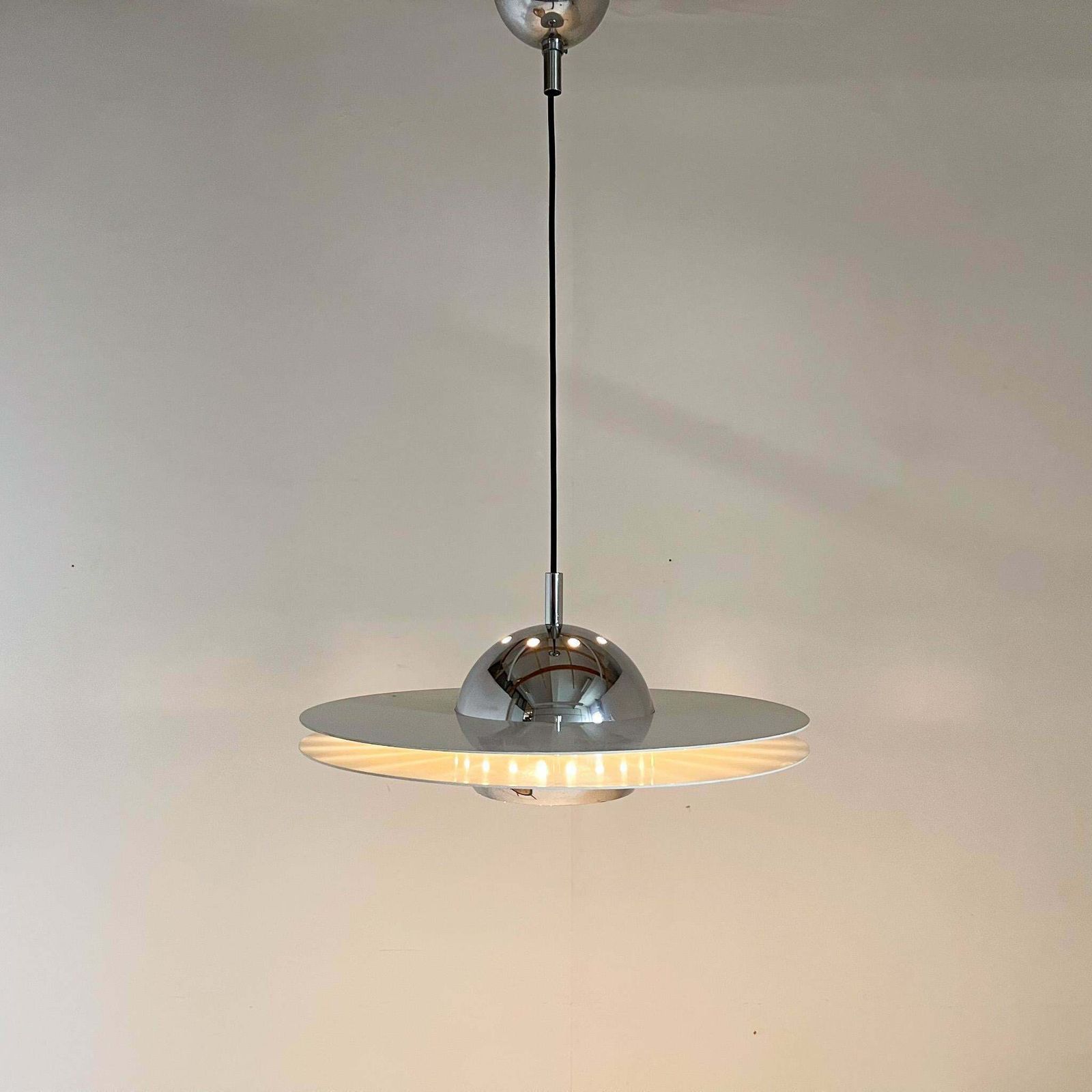 1970's Ufo Chrome & Lacquered Metal Space Age Pendant, Italy photo for sale
