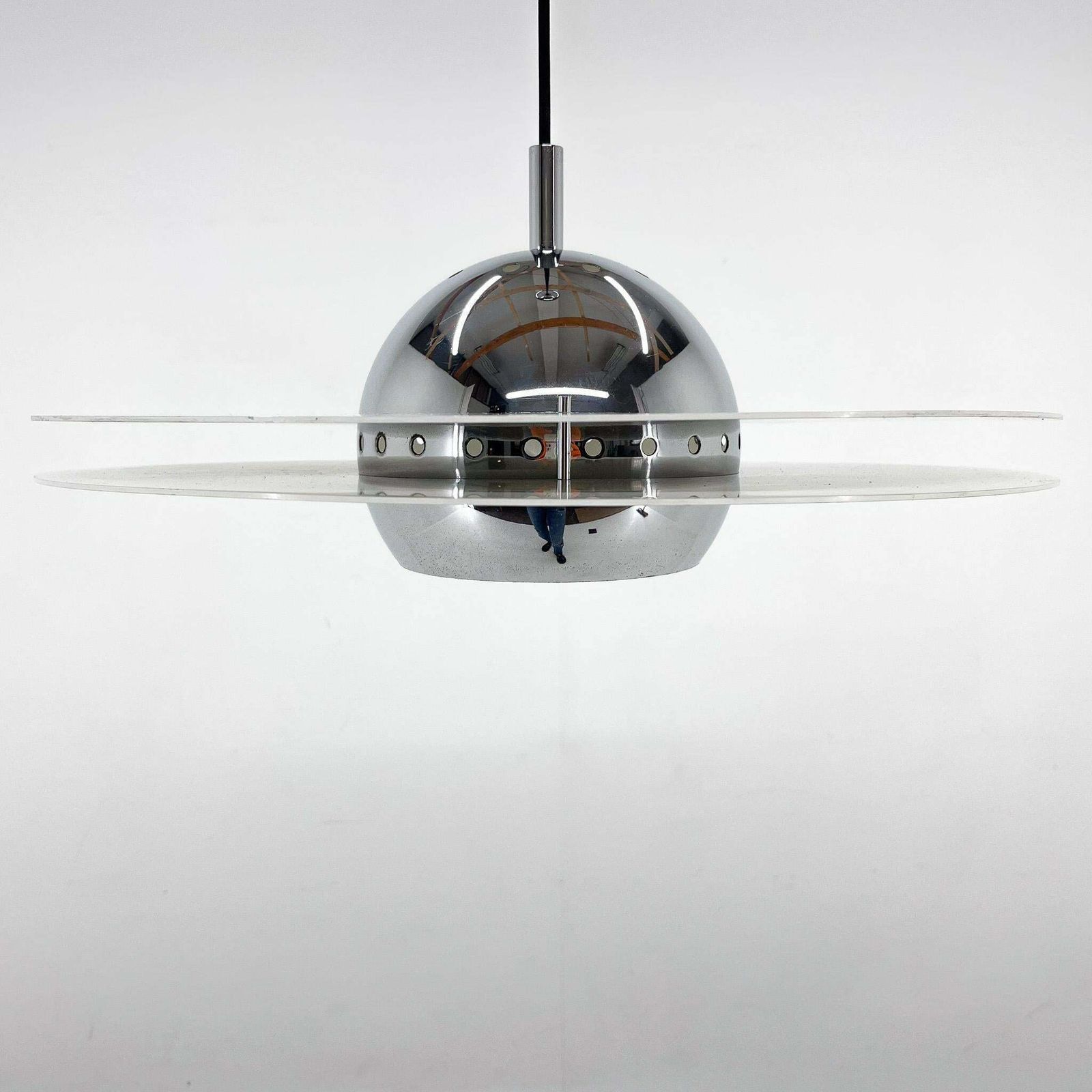 1970's Ufo Chrome & Lacquered Metal Space Age Pendant, Italy photo vinterior