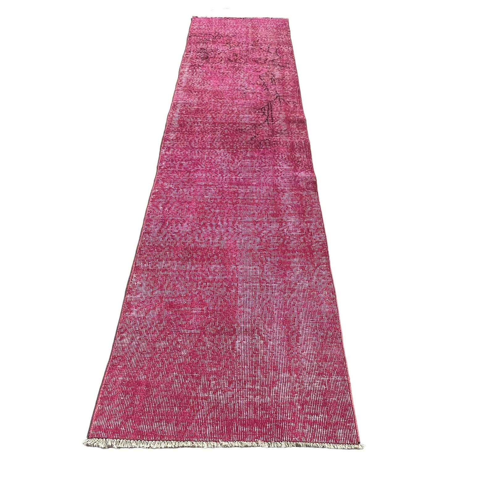 Distressed Turkish Narrow Runner 278 X 68 Cm Wool Vintage Rug, Over Dyed Pink photo for sale
