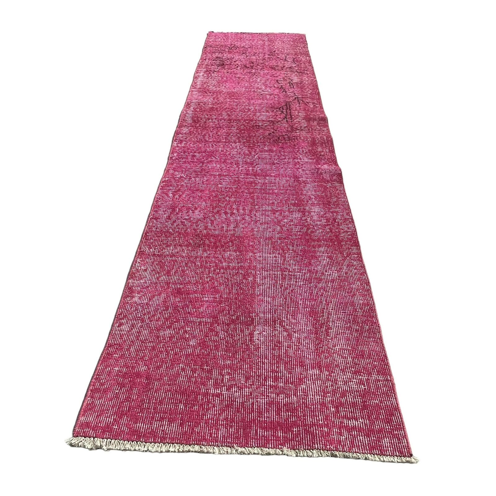 Distressed Turkish Narrow Runner 278 X 68 Cm Wool Vintage Rug, Over Dyed Pink photo vinterior