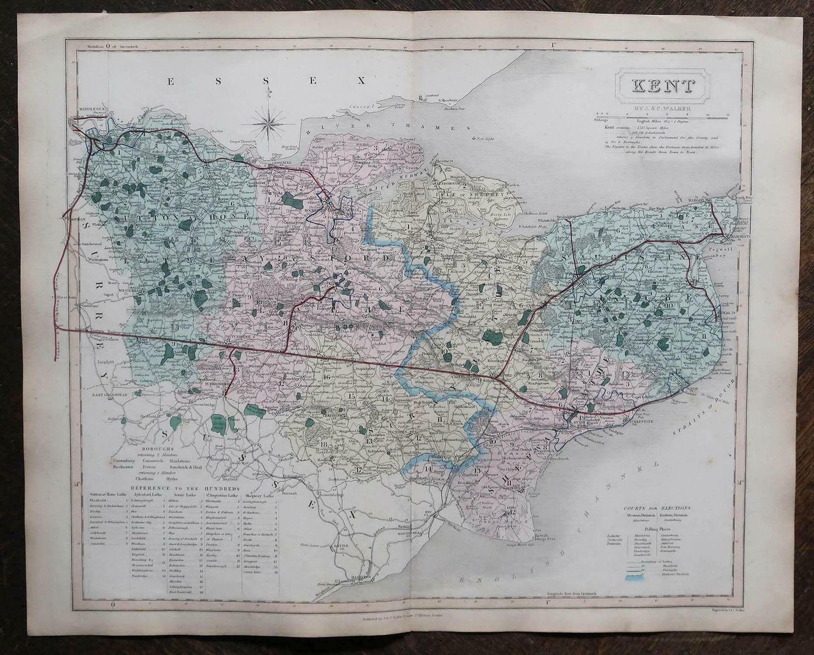 Original Antique English County Map, Kent. J & C Walker, 1851 photo for sale