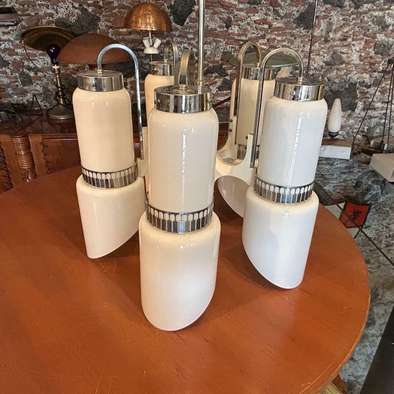 1970s Space Age White Glass Wood And Metal Chandelier By Gaetano Sciolari photo vinterior