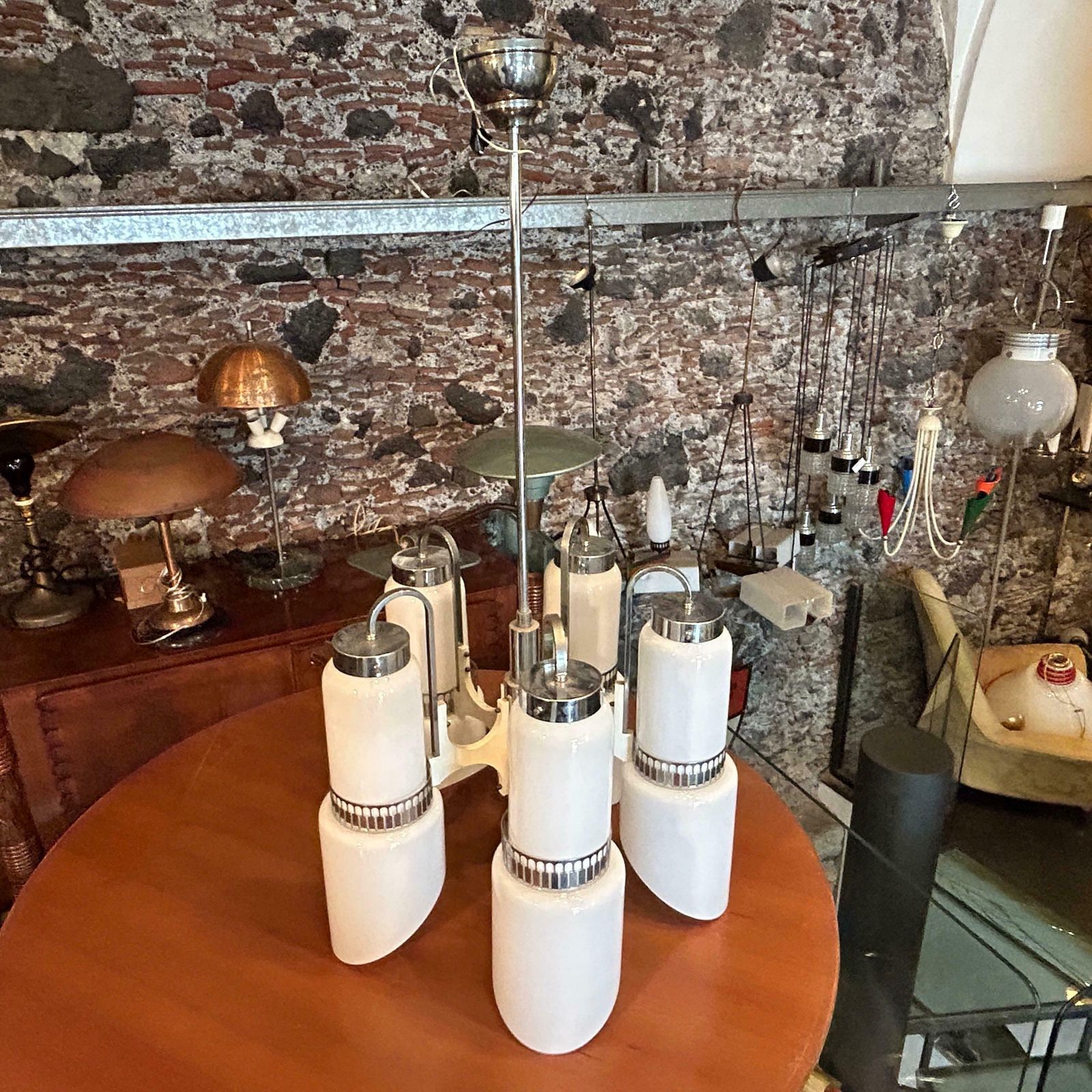 photo for sale 1970s Space Age White Glass Wood And Metal Chandelier By Gaetano Sciolari