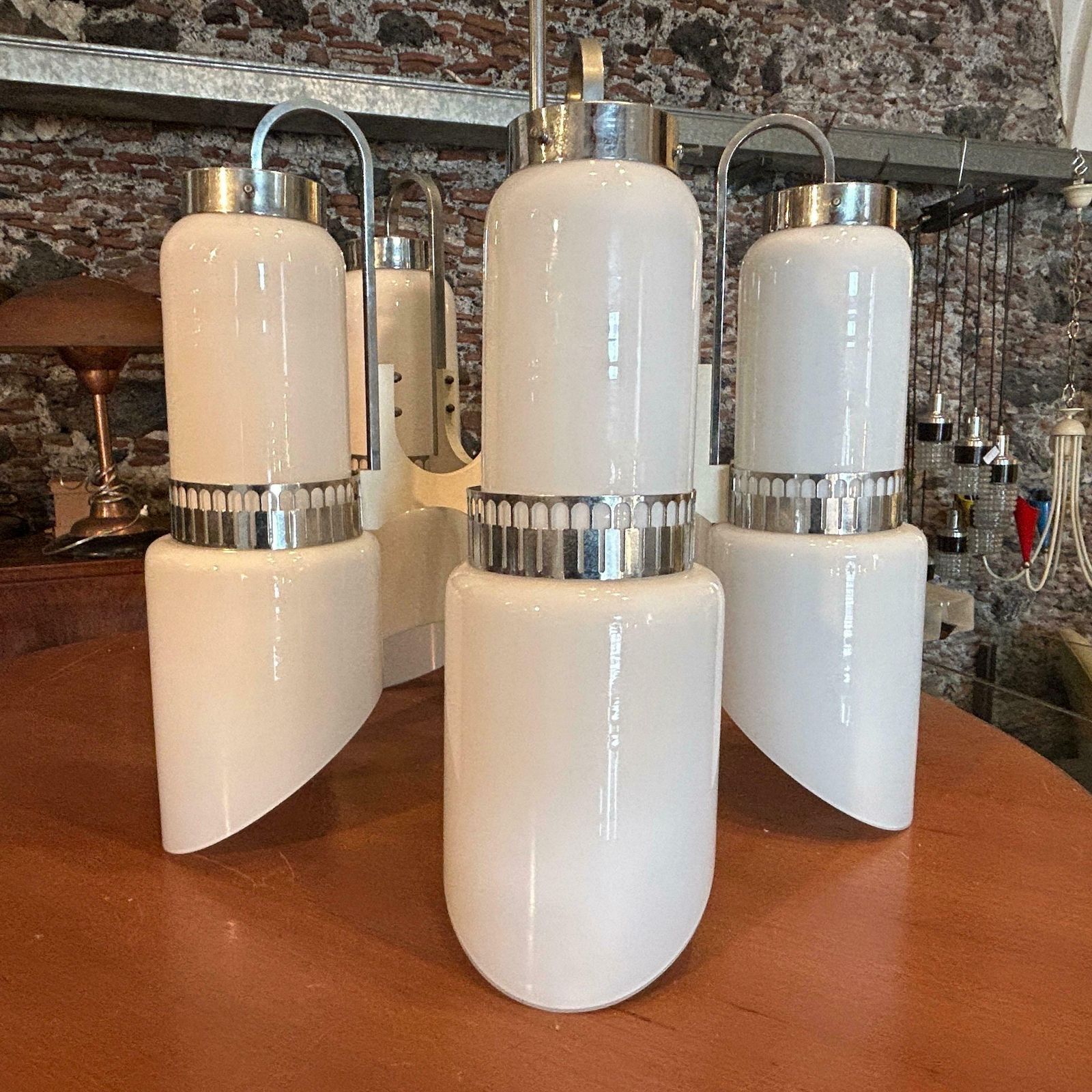 Lighting 1970s Space Age White Glass Wood And Metal Chandelier By Gaetano Sciolari photo