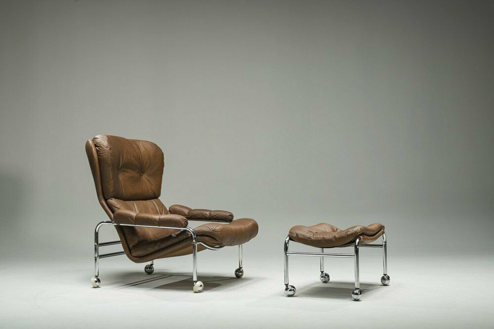 Swedish Chrome & Brown Leather Lounge Chair And Footstool From Scapa Rydaholm, 1960s, Set Of 2 photo vintage