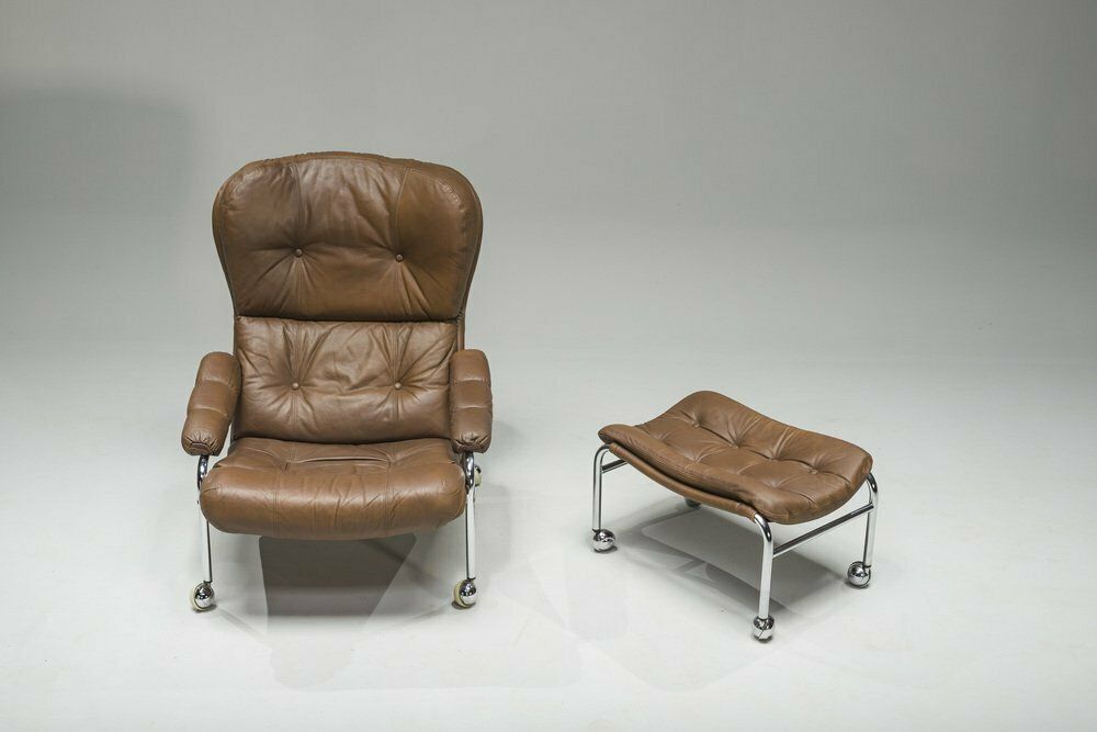 photo for sale Swedish Chrome & Brown Leather Lounge Chair And Footstool From Scapa Rydaholm, 1960s, Set Of 2