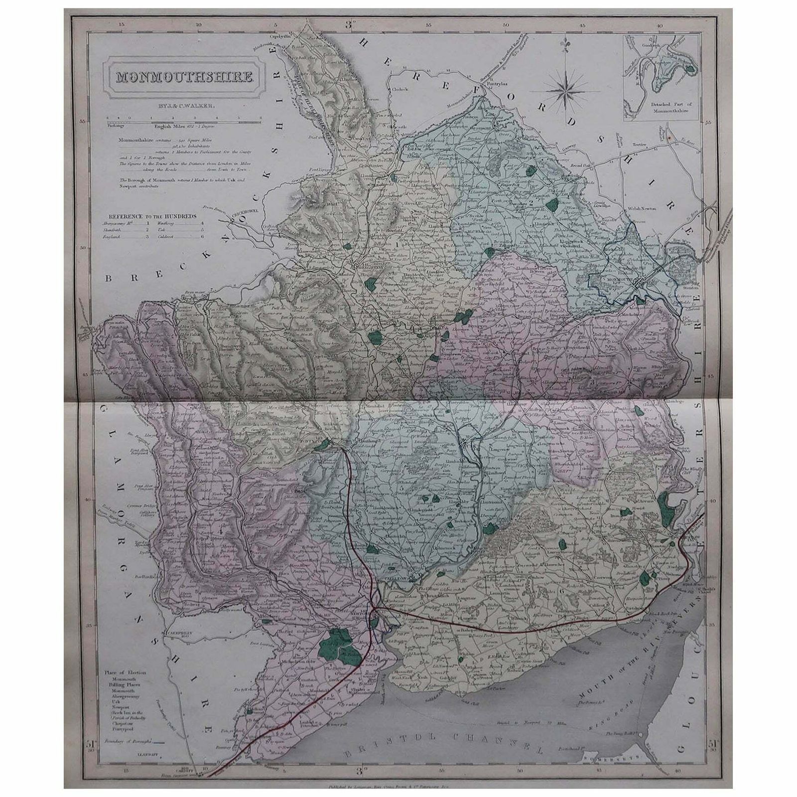 Original Antique English County Map   Monmouthshire. J & C Walker. 1851