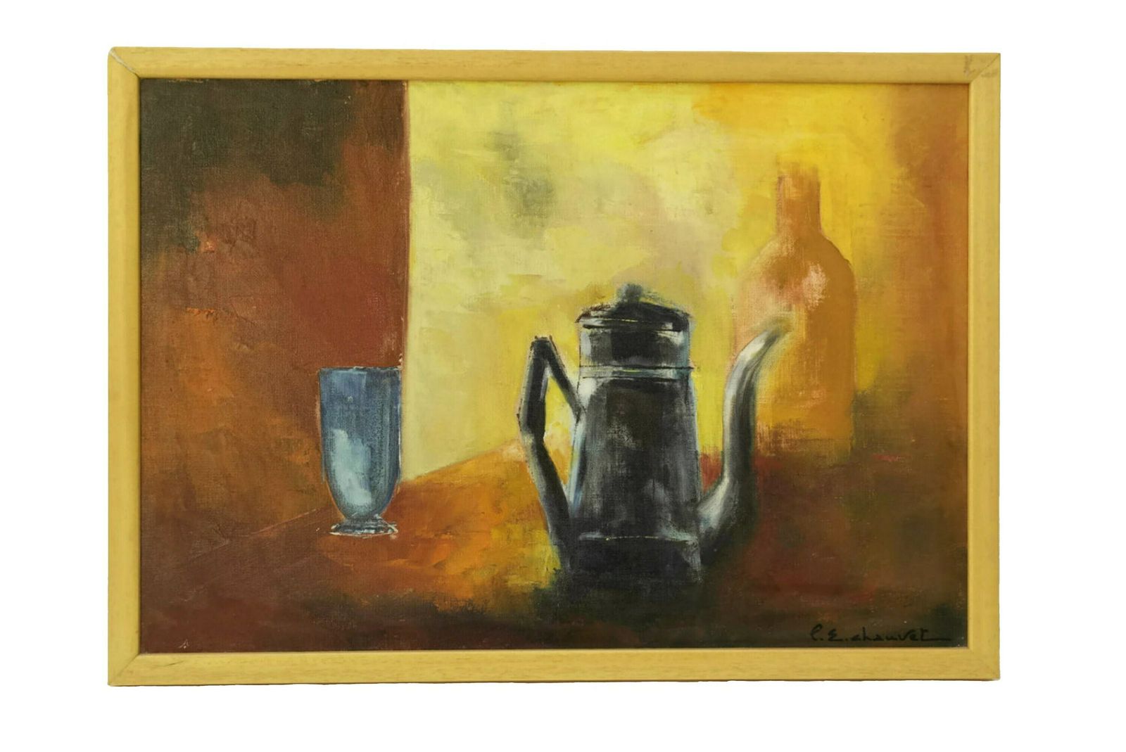 1970s Modernist Still Life Oil Painting With French Enamel Coffee Pot   Framed