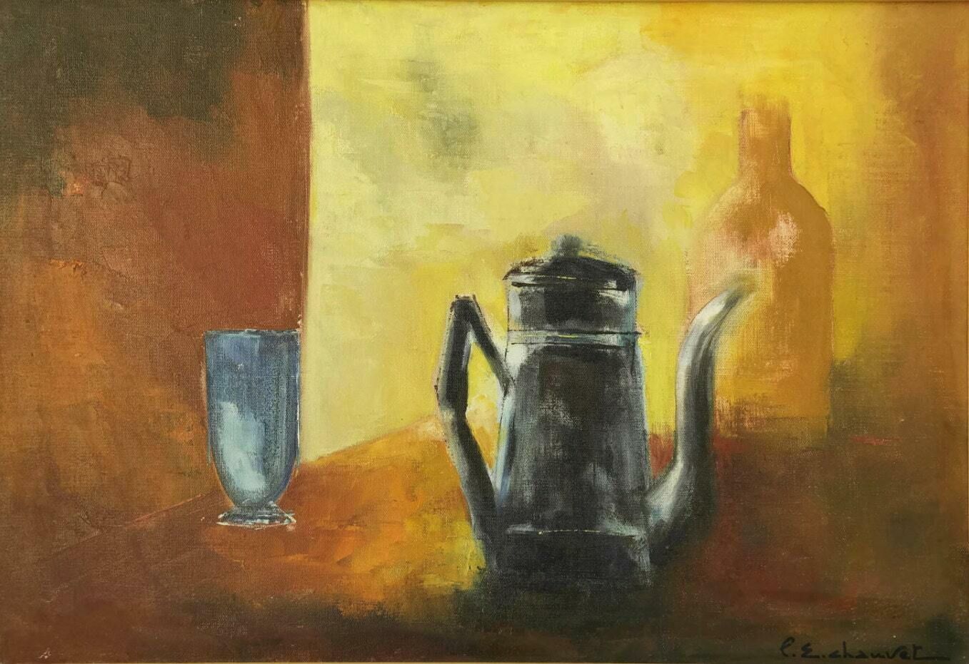 1970s Modernist Still Life Oil Painting With French Enamel Coffee Pot   Framed photo vintage