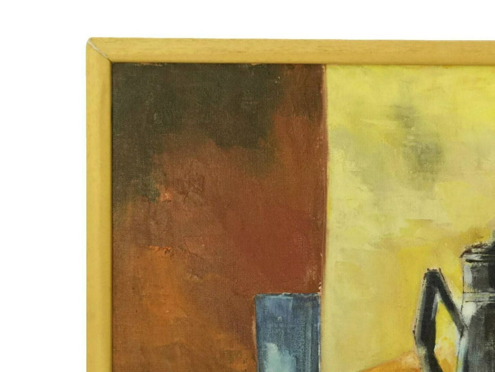 photo furniture 1970s Modernist Still Life Oil Painting With French Enamel Coffee Pot   Framed