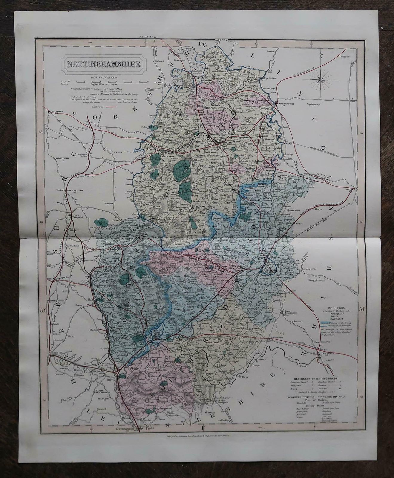 Original Antique English County Map, Nottinghamshire, J & C Walker, 1851 photo for sale