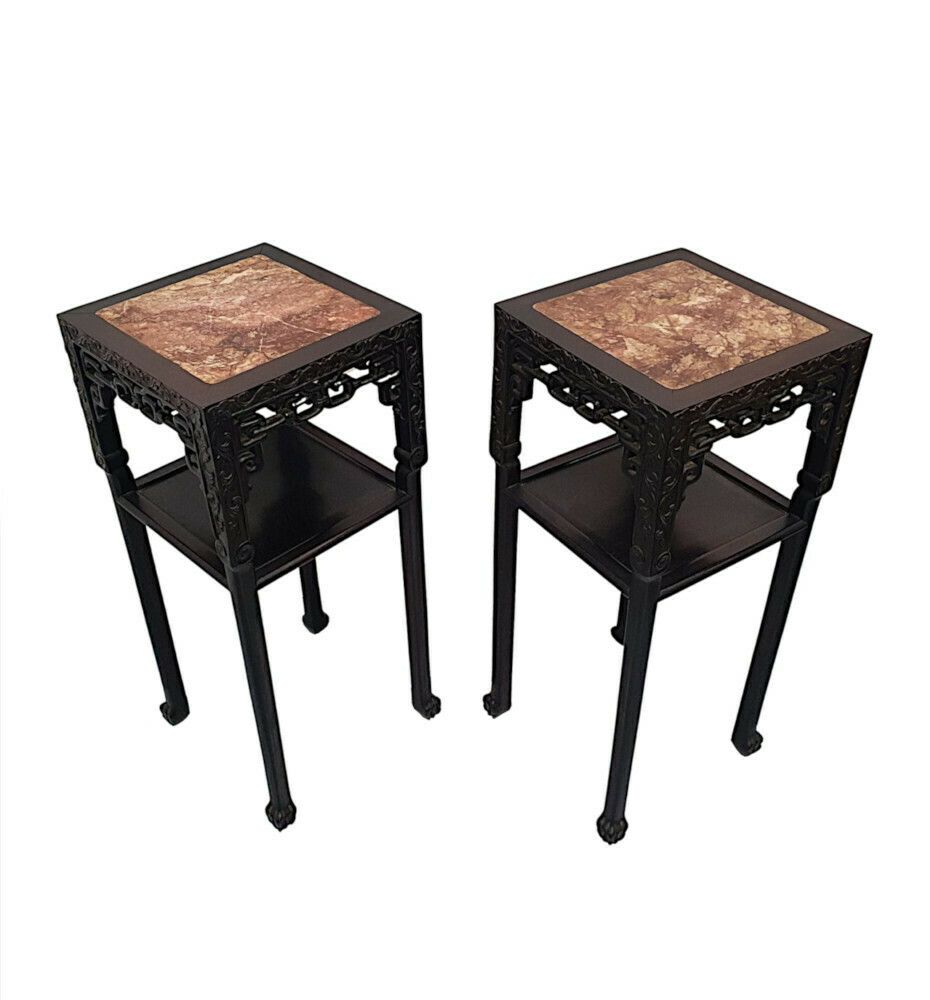 A Very Rare And Fine Pair Of 19th Century Chinese Marble Topped Plant Or Bust Stands