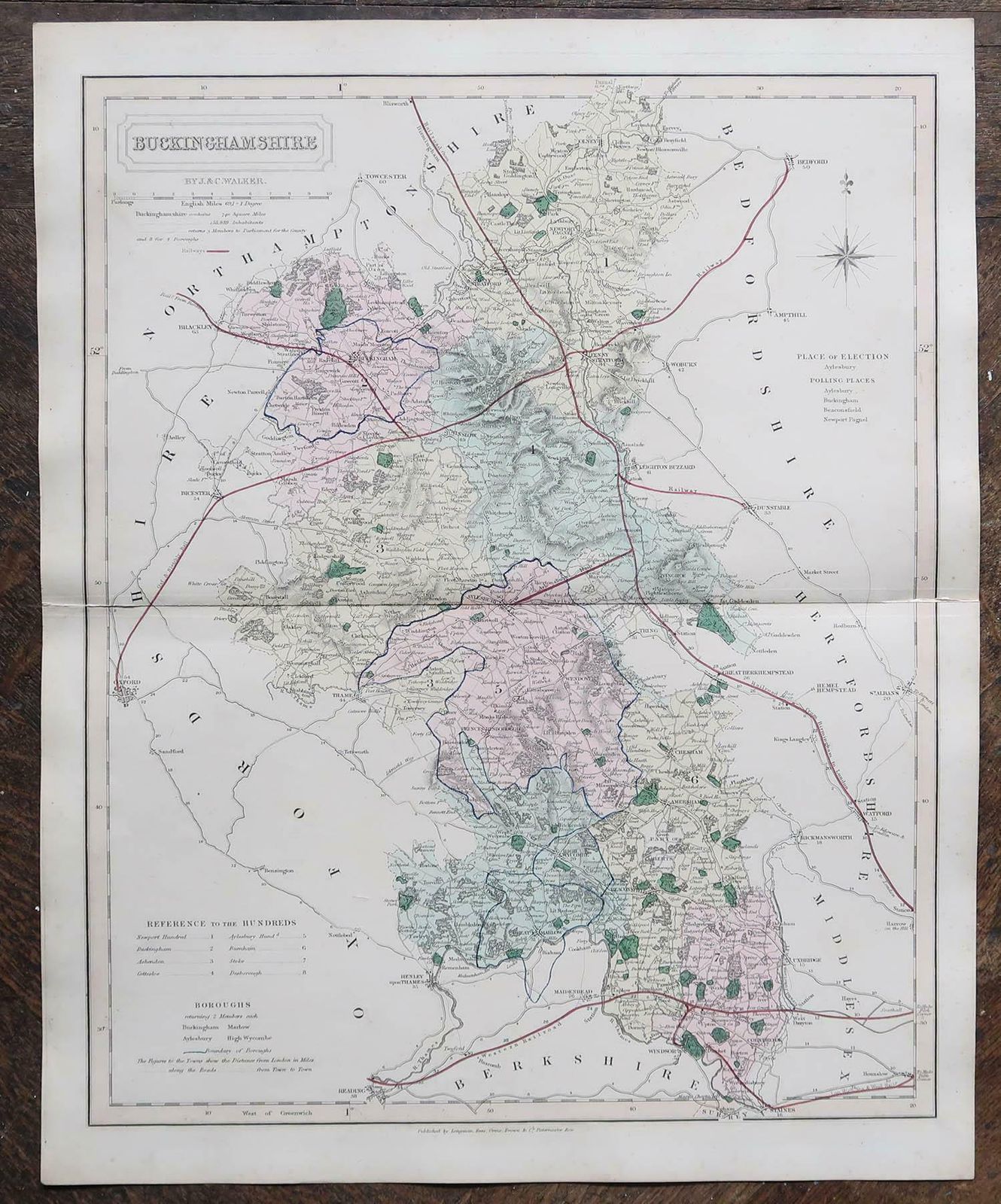 Original Antique English County Map, Buckinghamshire, J & C Walker, 1851 photo for sale