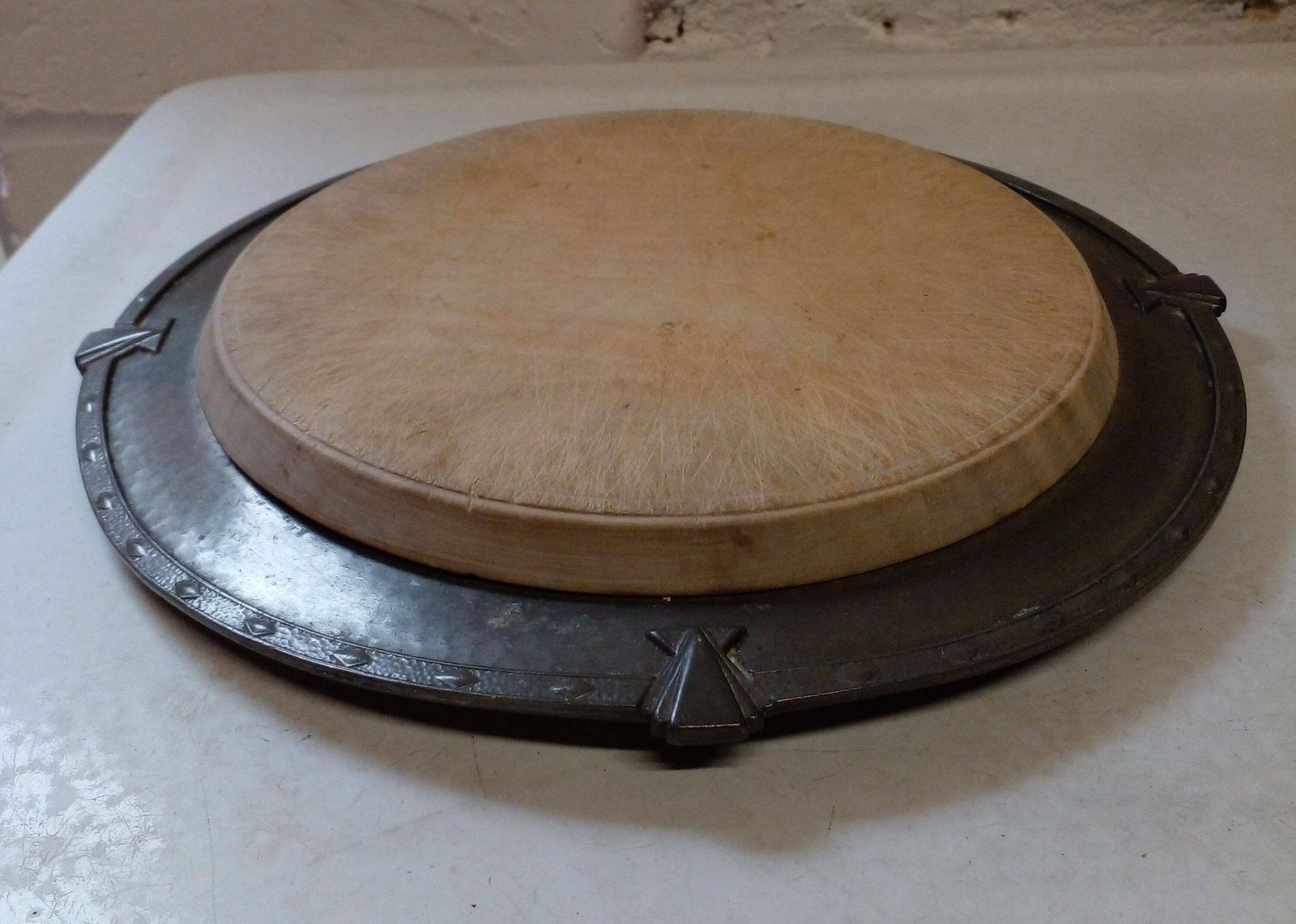 Lovely Vintage Wooden Bread / Cheese Board On Pewter Plate photo vintage