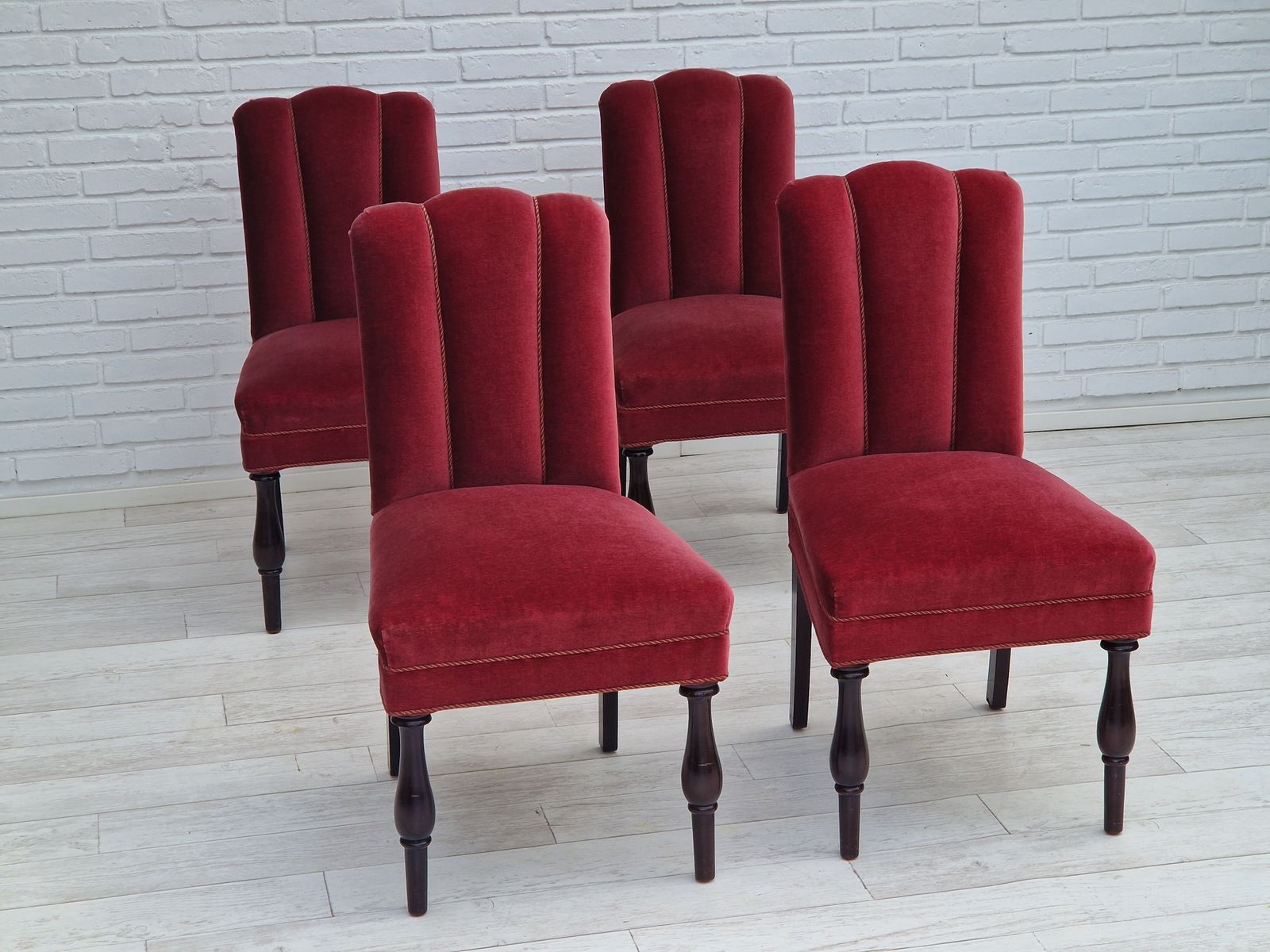 1950s, Danish Design, Set Of 4 Dinning Chairs, Oak Wood, Cherry Red Velour. photo Furniture