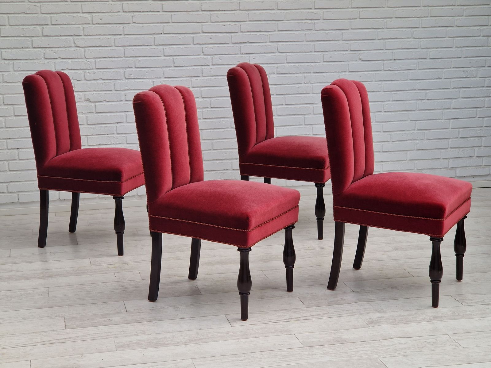 1950s, Danish Design, Set Of 4 Dinning Chairs, Oak Wood, Cherry Red Velour.