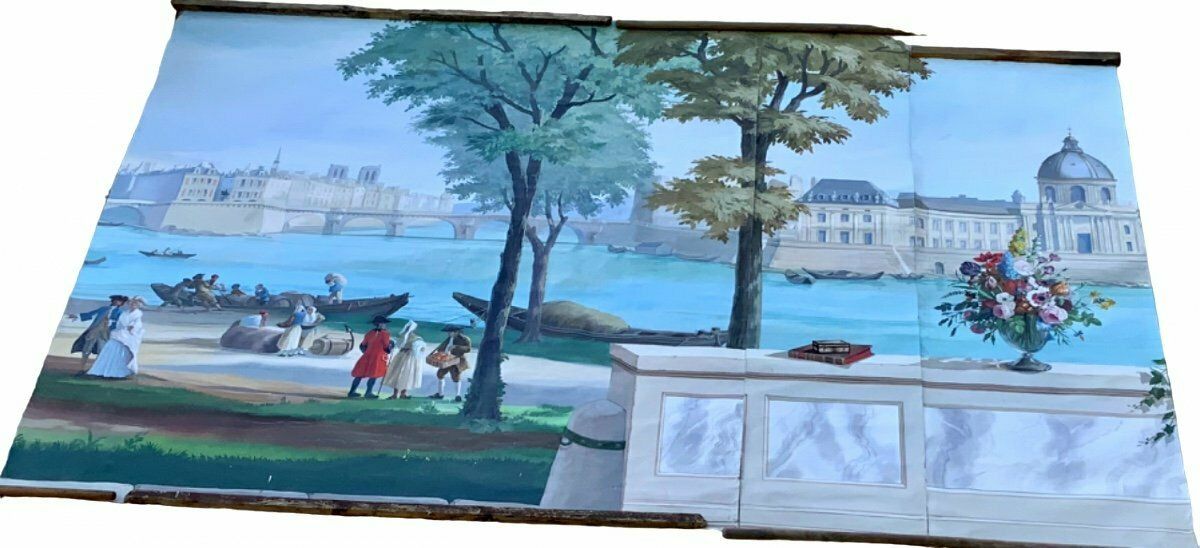 Large Panoramic Painted Canvas Xviiith Century Style. Century, The Monuments Of Paris