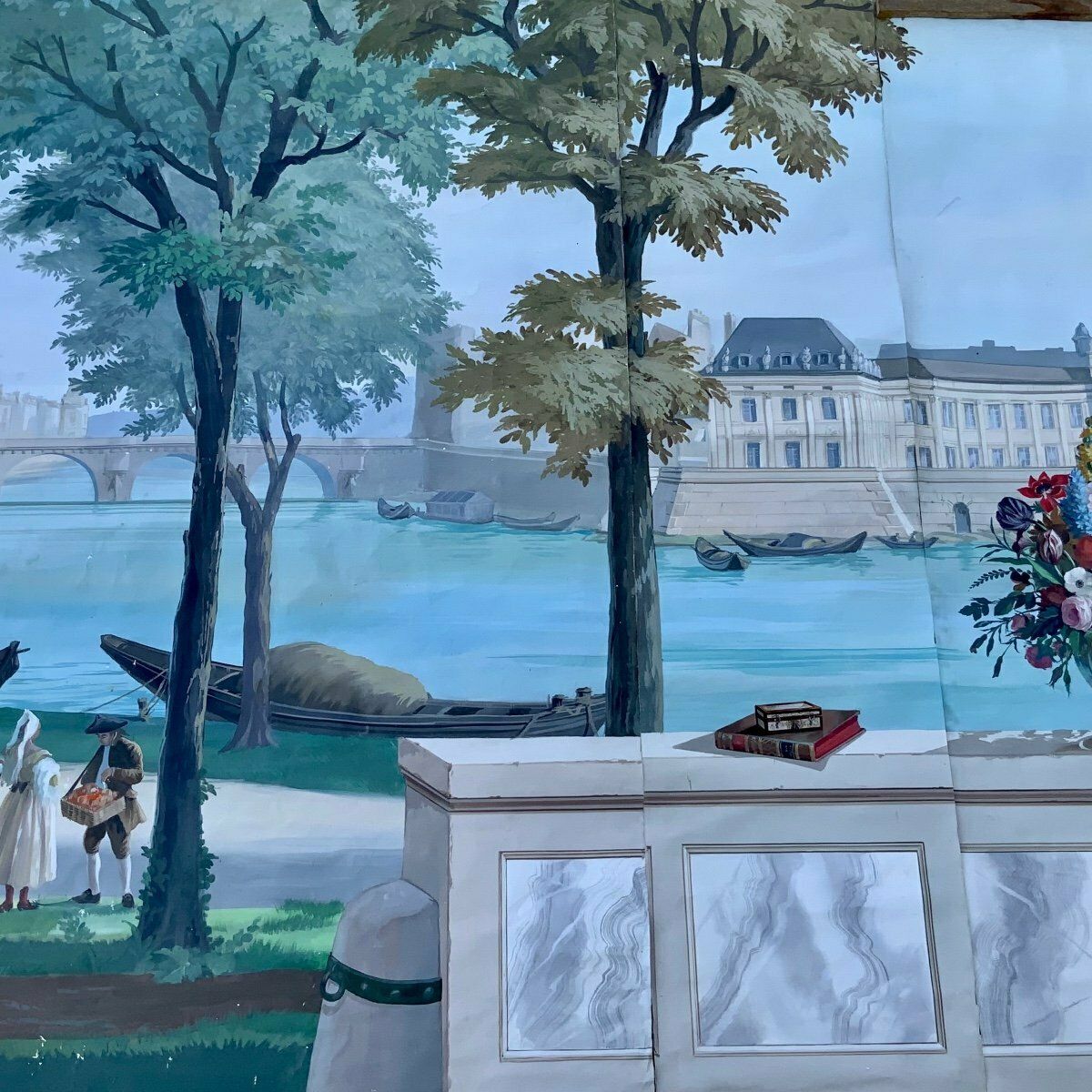 Large Panoramic Painted Canvas Xviiith Century Style. Century, The Monuments Of Paris photo for sale