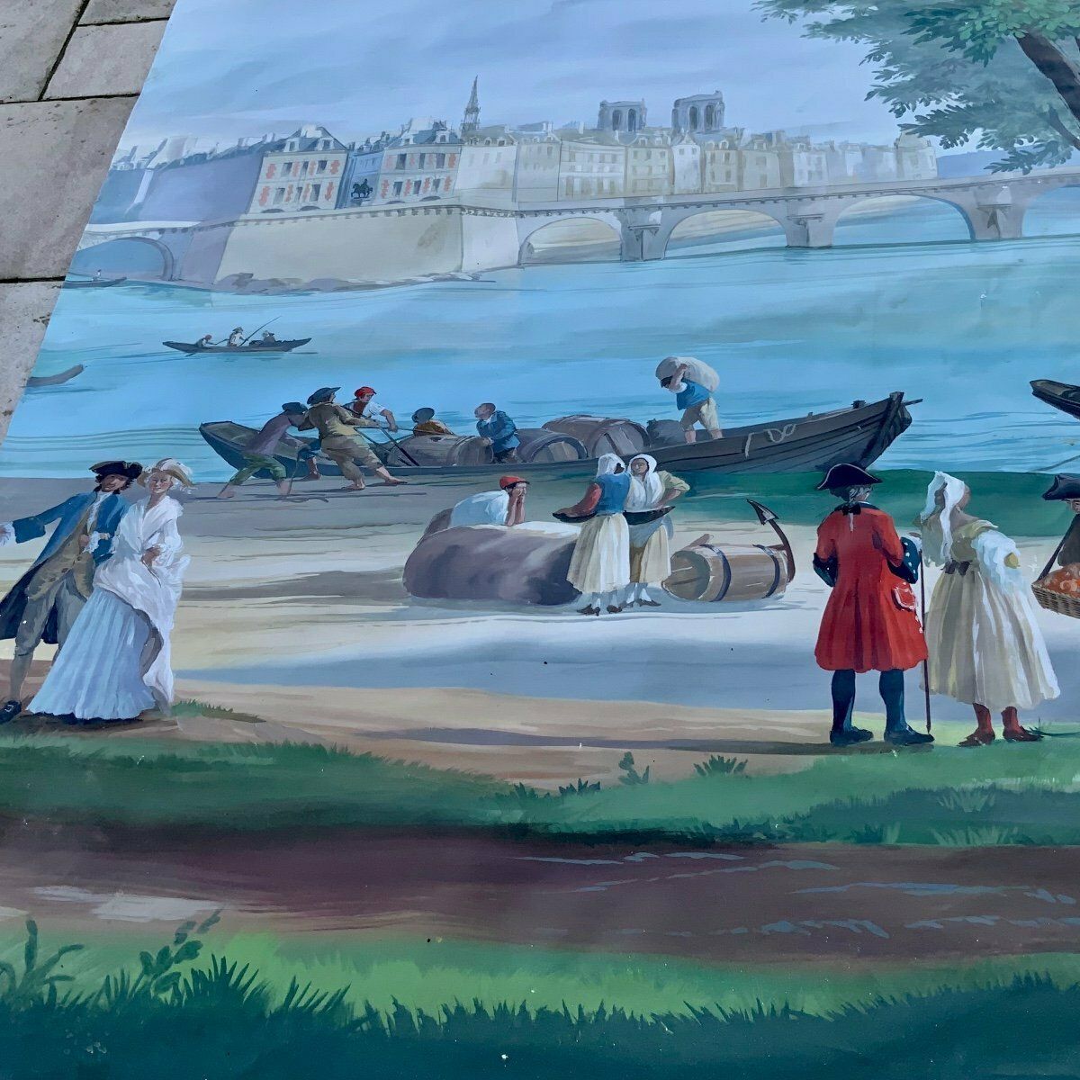 Large Panoramic Painted Canvas Xviiith Century Style. Century, The Monuments Of Paris photo vintage