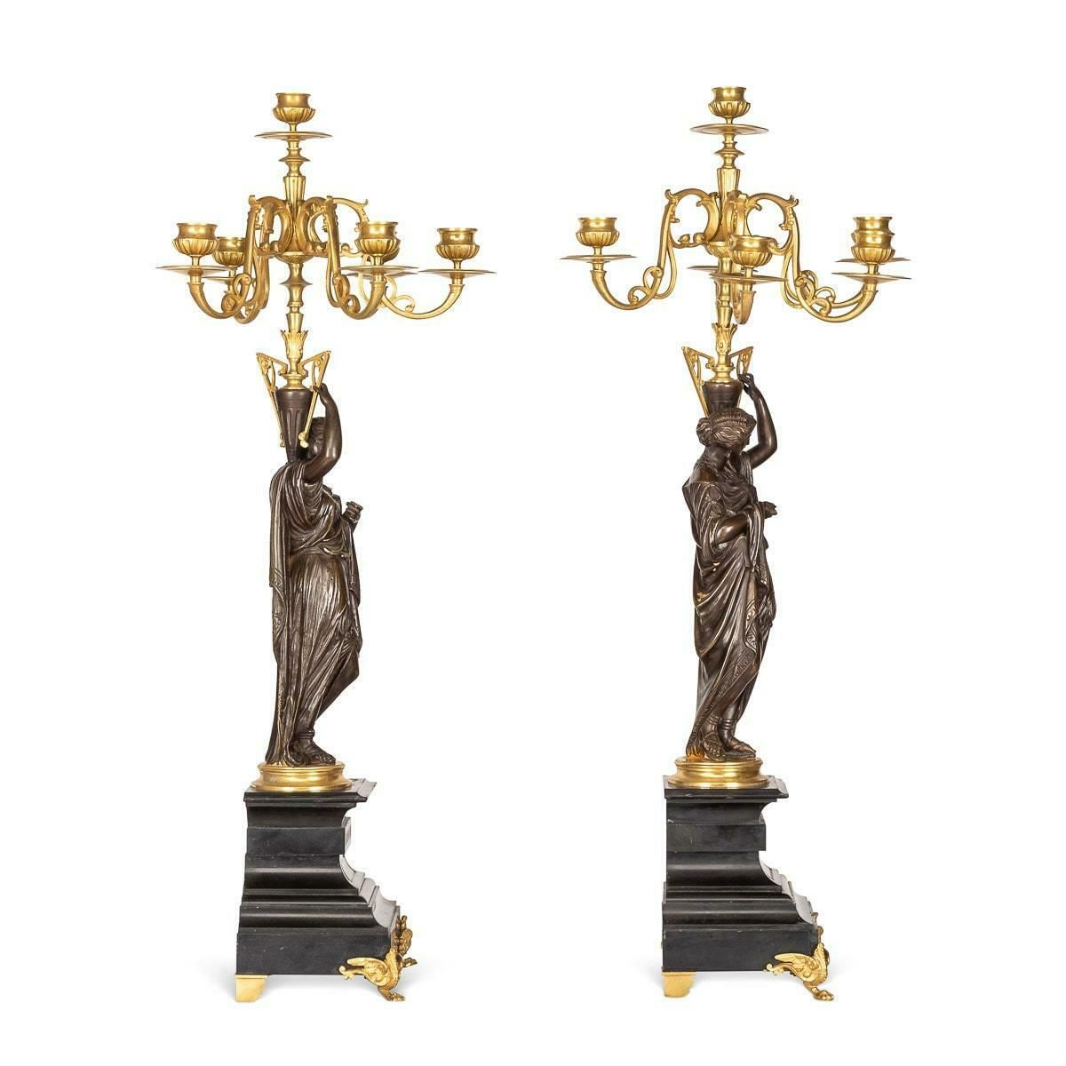 19th Century French Pair Of Ormolu Bronze Candelabra On Black Marble C.1870 photo for sale