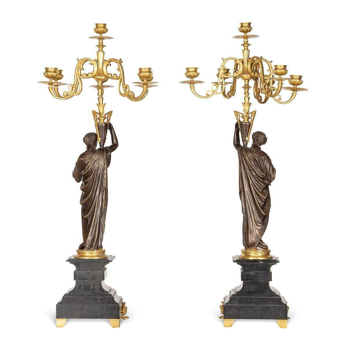 19th Century French Pair Of Ormolu Bronze Candelabra On Black Marble C.1870 photo Home Decor
