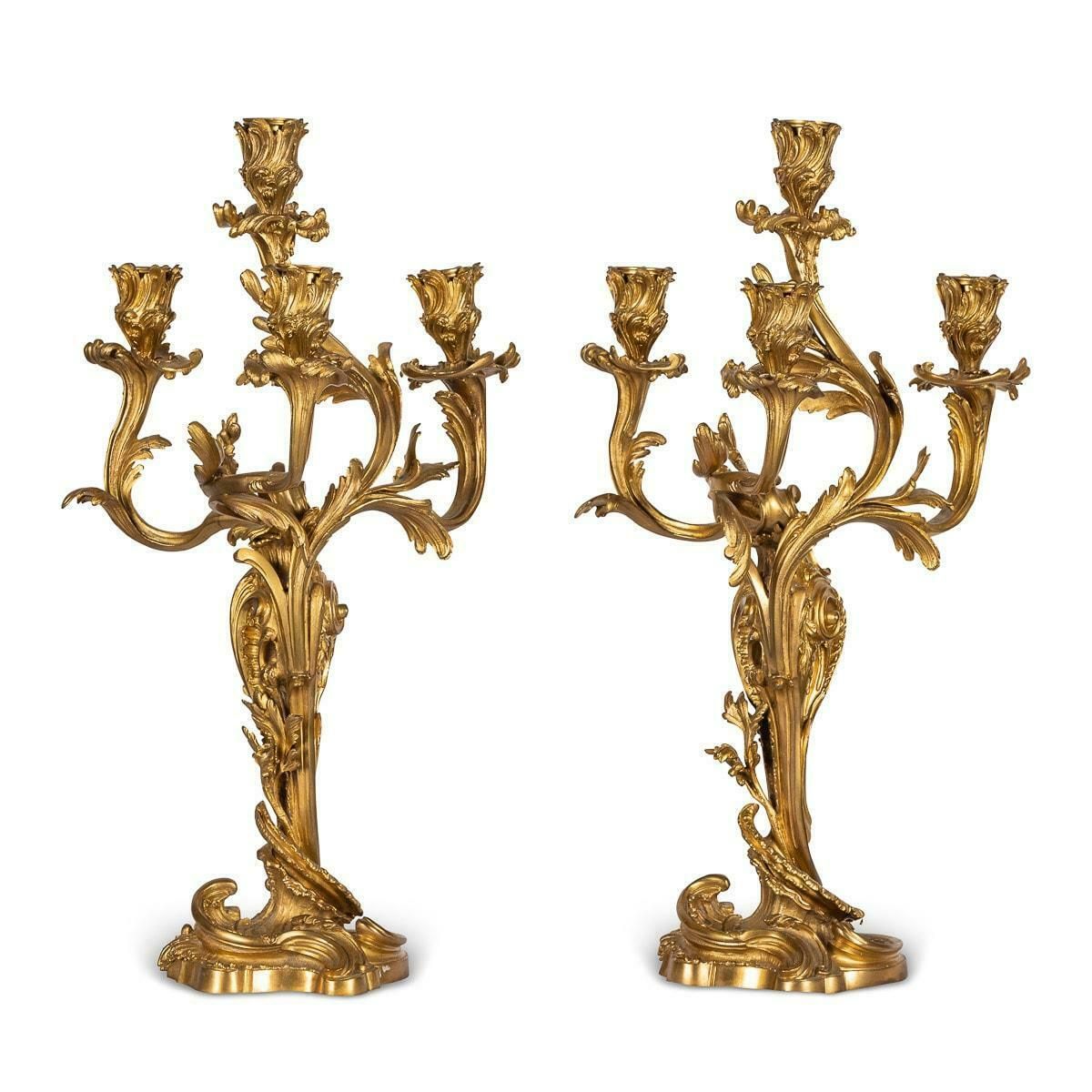 19th Century French Pair Of Louis XV Style Ormolu Four Light Candelabra, C.1880 photo for sale