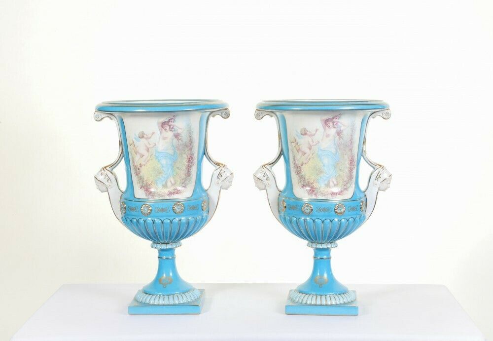 photo for sale Pair Sevres Urns Porcelain Cherub Campana Vase