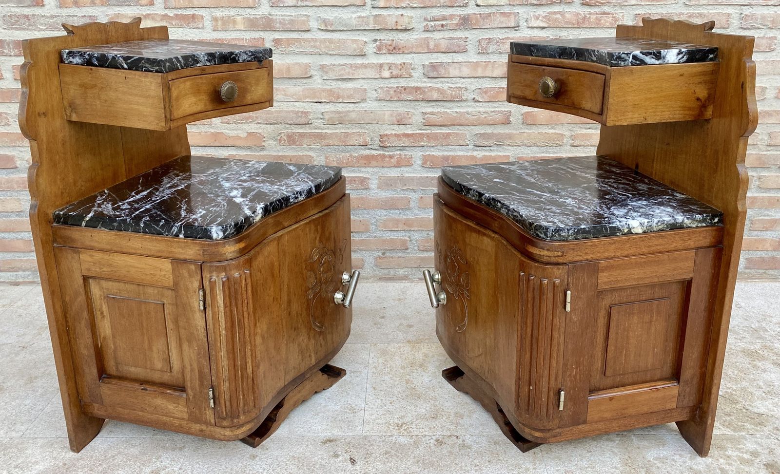 Art Nouveau Style Carved Nightstands Or Bedside Tables With Marble Top, Circa 1930 photo 3313.29