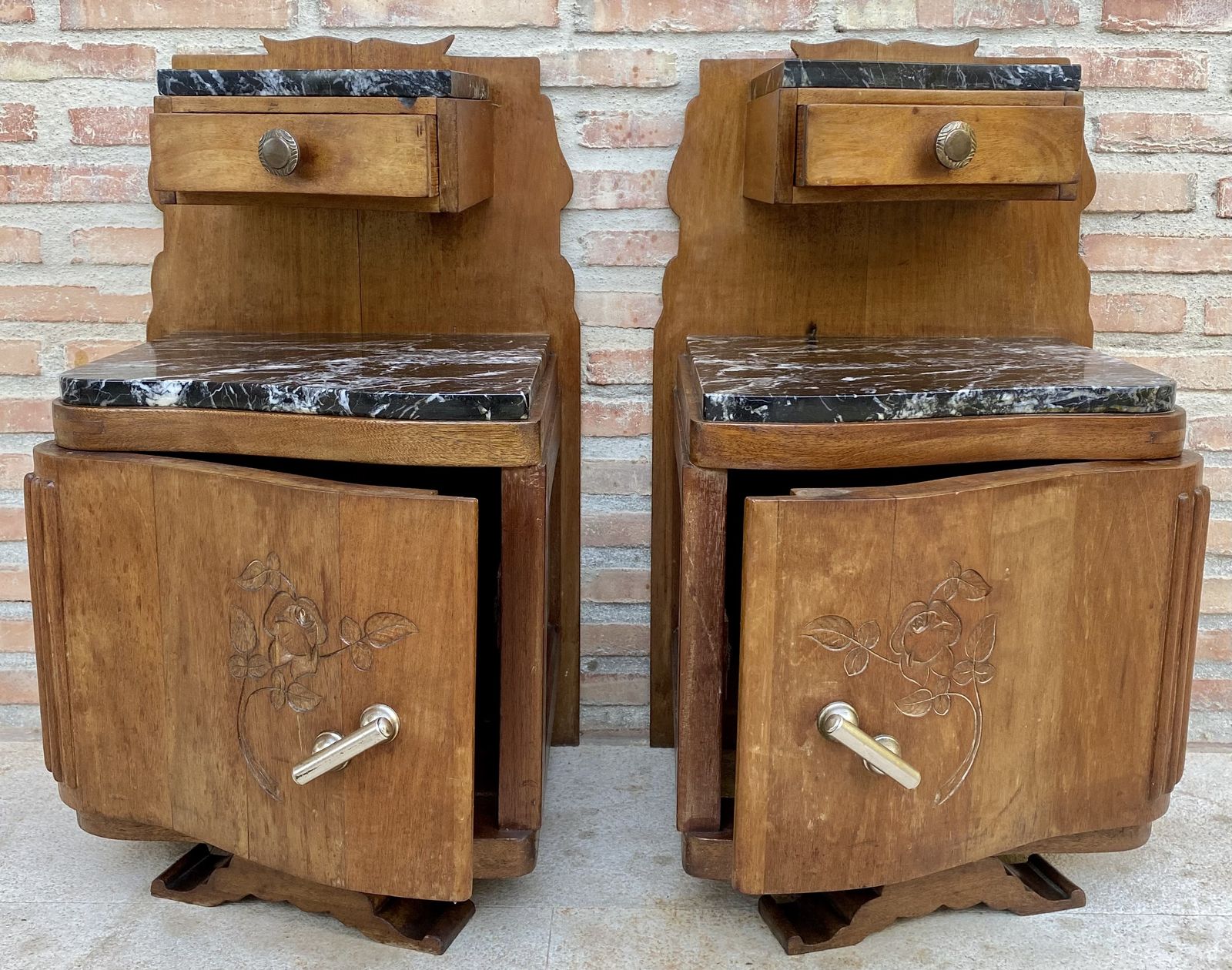 Art Nouveau Style Carved Nightstands Or Bedside Tables With Marble Top, Circa 1930 photo buy