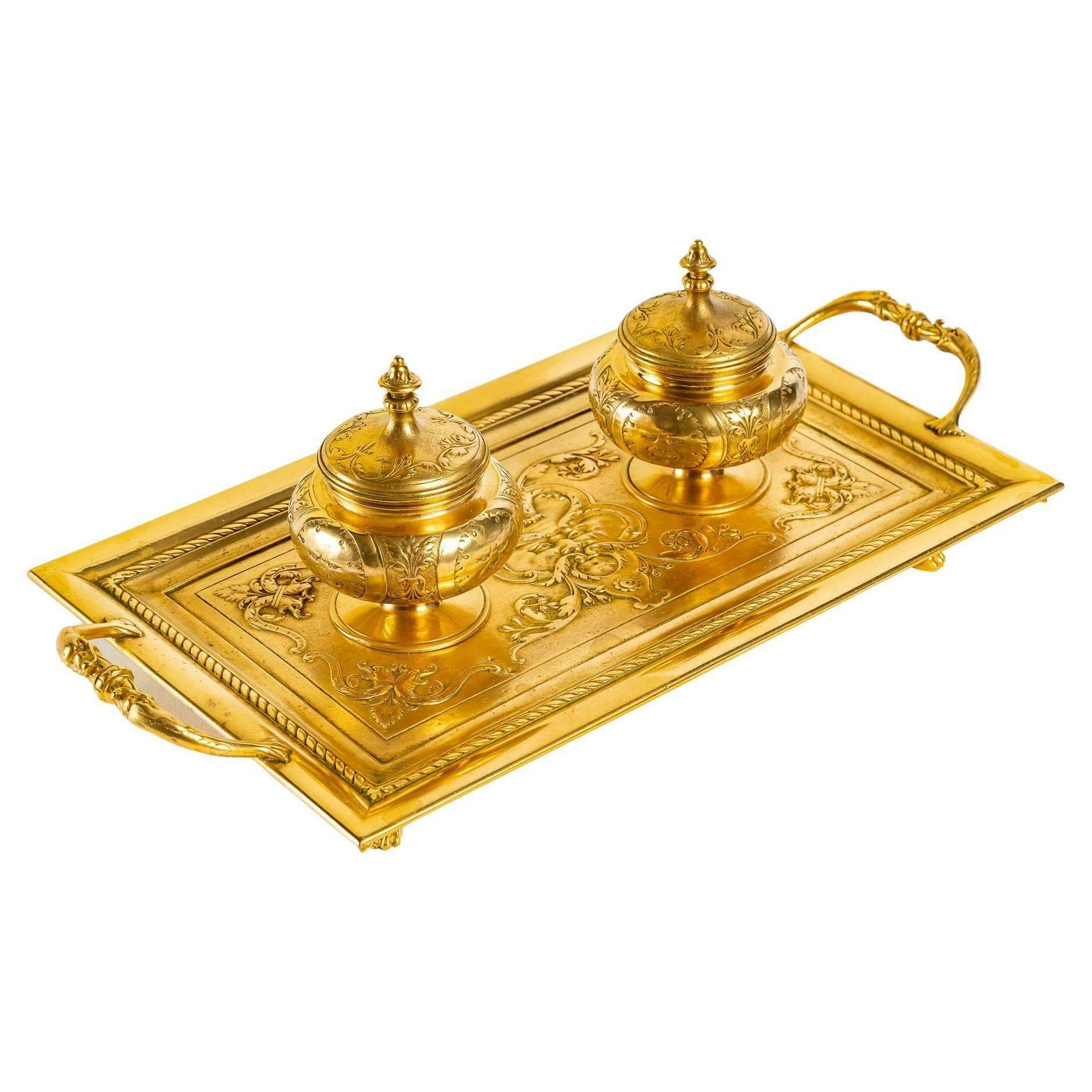 Double Inkwell Of The Xixth Century In Gilded Bronze