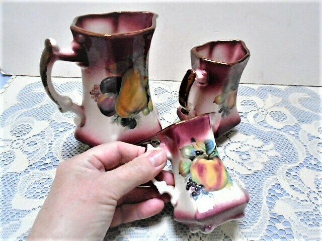Vintage Set Of Three Jugs, Trio Of Summer Fruit Design Pitchers, Rose Pink Collectible Jug Set, photo 117.0