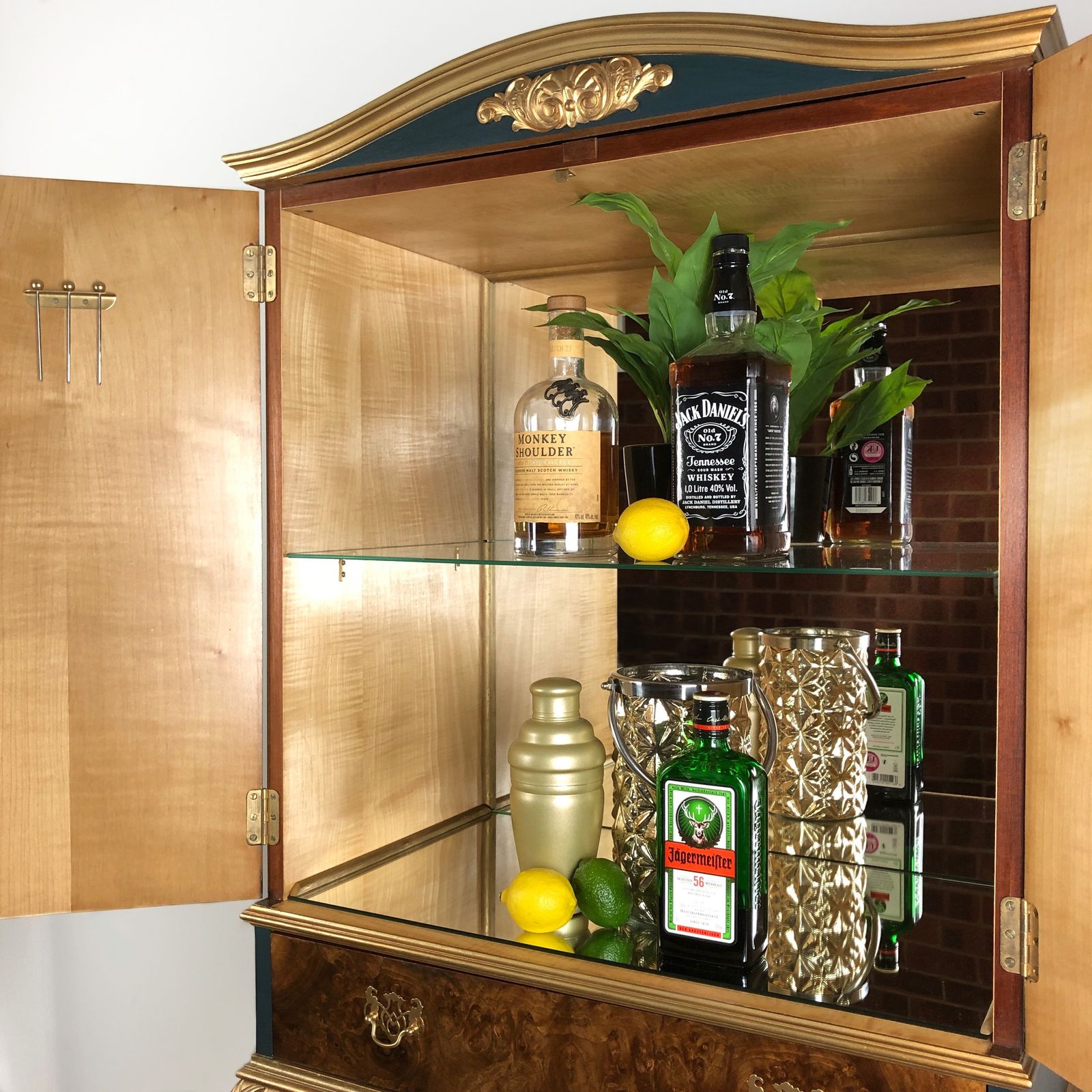 photo furniture Vintage Drinks Cabinet, Walnut Cocktail Bar, Gin Bar, Queen Anne Maximalist Rock N Roll, Teal Blue Gold Hand Lettered