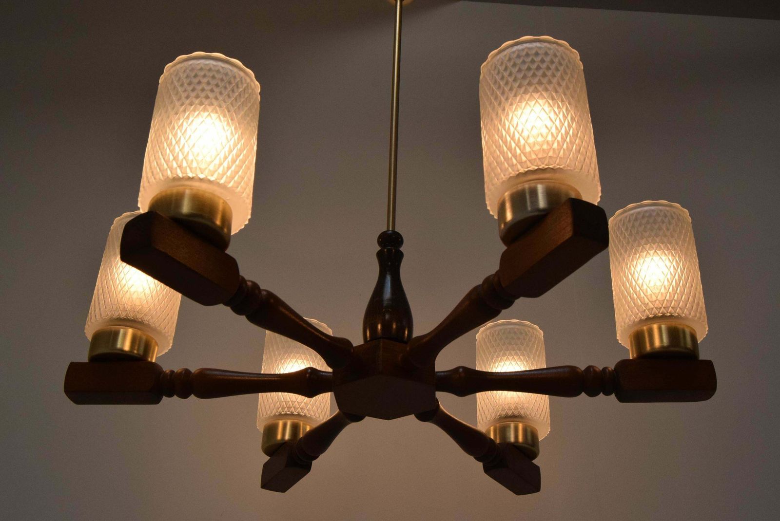 479.0 Mid Century Wood Chandelier By Inva Litomerice, 1970's. photo
