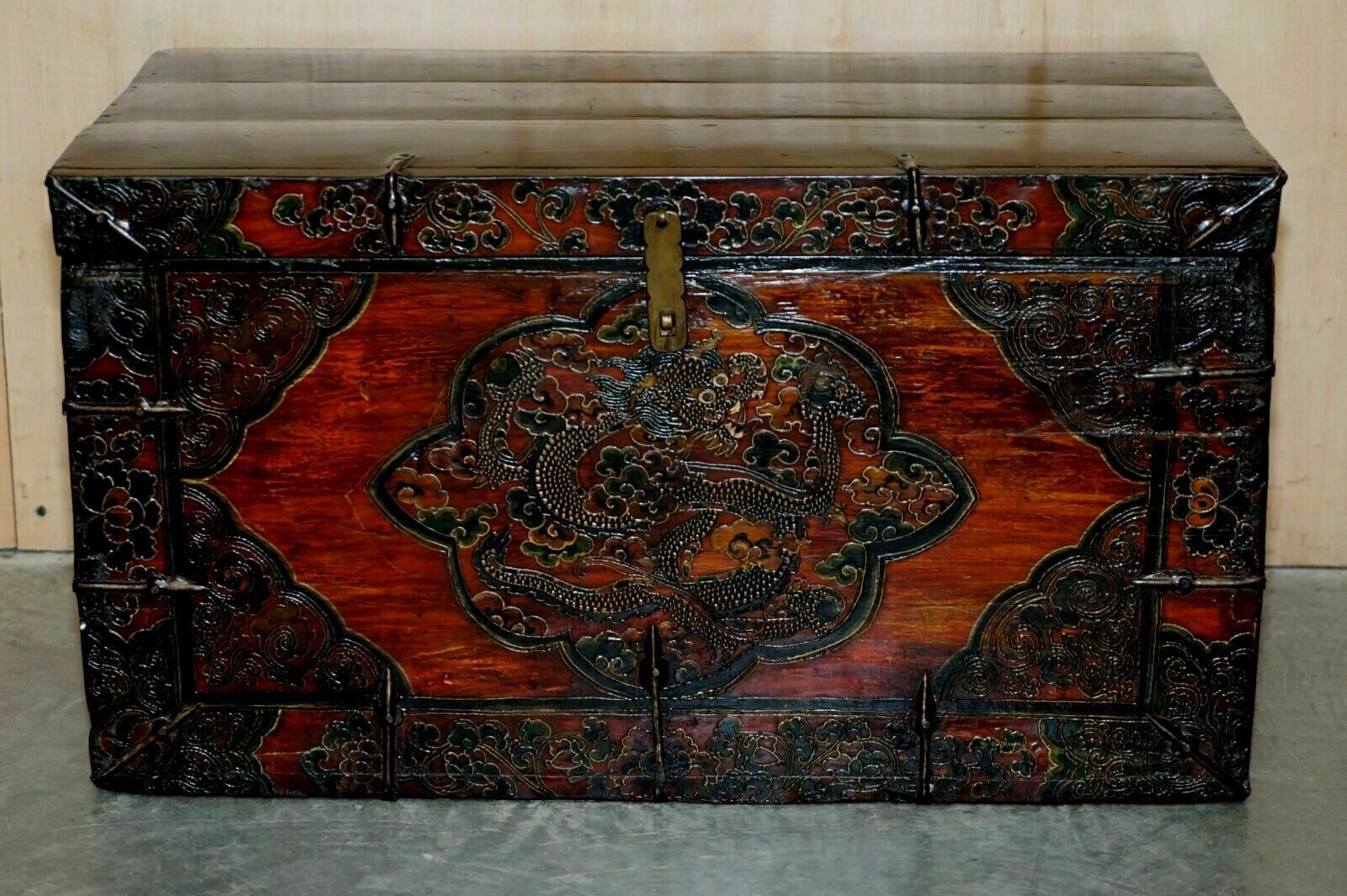 Antique Chinese Dragon Tibetan Polychrome Painted Trunk Linen Chest Coffer photo furniture
