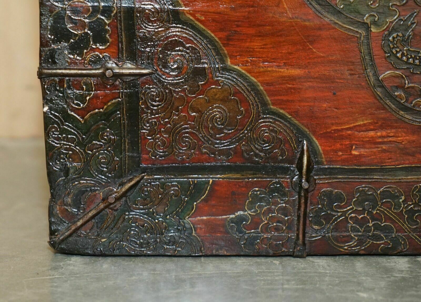 Antique Chinese Dragon Tibetan Polychrome Painted Trunk Linen Chest Coffer photo buy