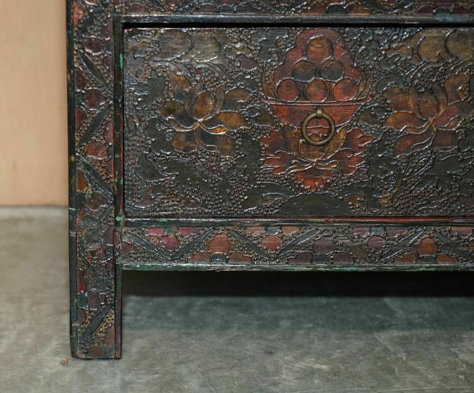 Antique Chinese Deer & Flower Tibetan Polychrome Painted Altar Cabinet Sideboard photo vinterior
