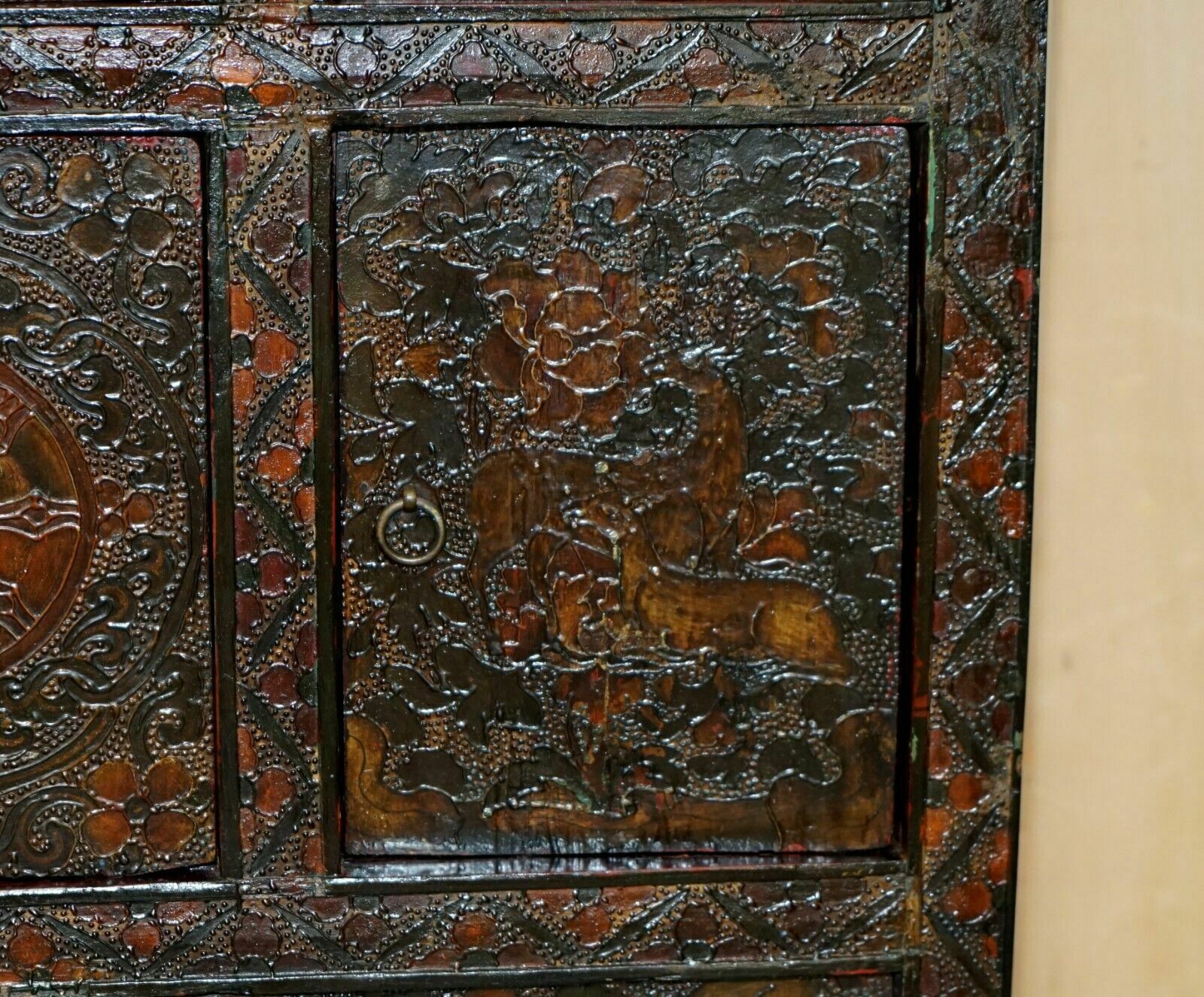 3950.0 Antique Chinese Deer & Flower Tibetan Polychrome Painted Altar Cabinet Sideboard photo