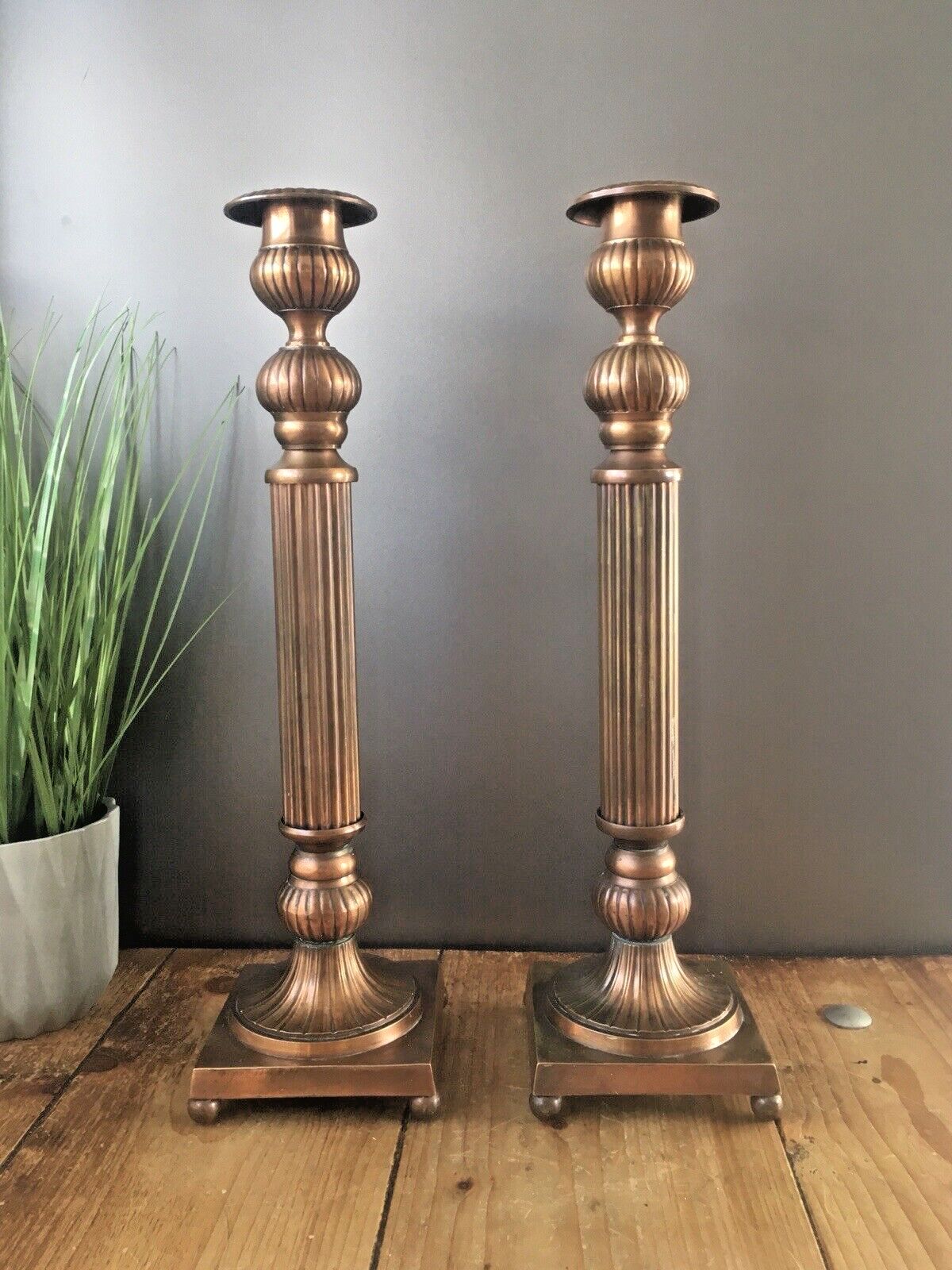 Large Pair Of Vintage Regency Column Style Metal Tone Candle Holder Candlesticks photo vinterior