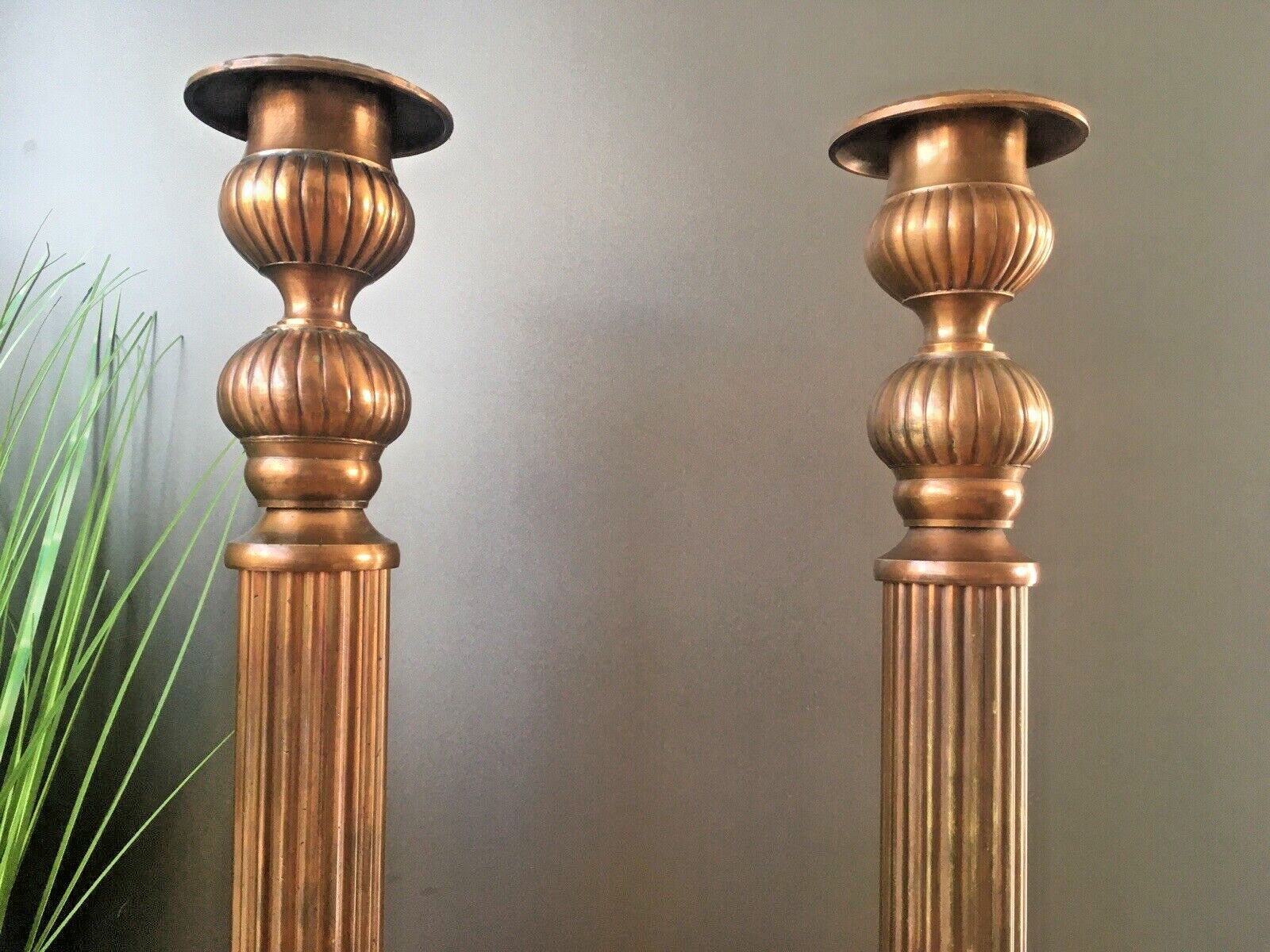 photo furniture Large Pair Of Vintage Regency Column Style Metal Tone Candle Holder Candlesticks