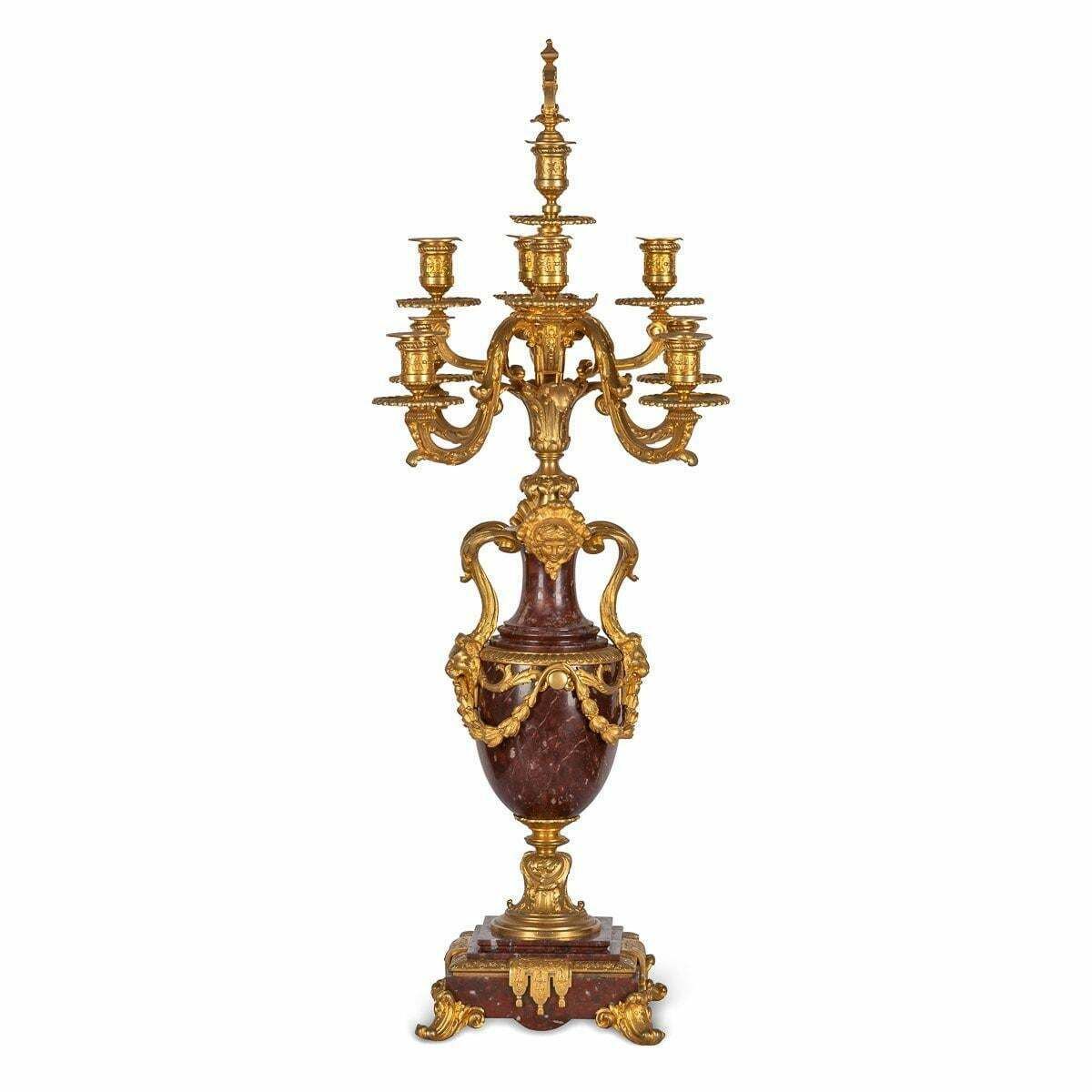 19th Century French Ormolu Mounted Rouge Griotte Nine Light Candelabra, C.1870 photo furniture